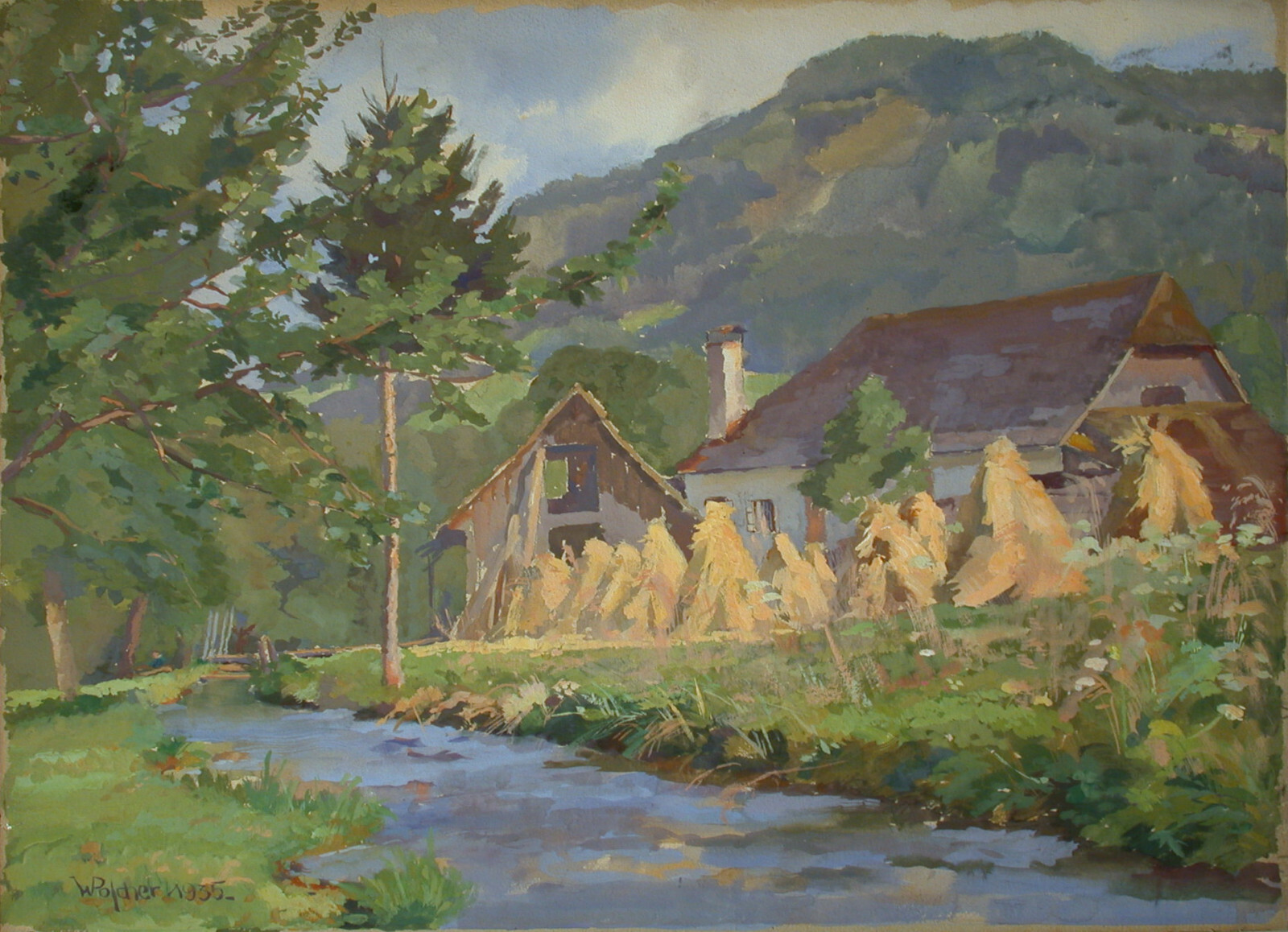 Wilhelmine POSCHER-KARESCH (1895-1972) stream landscape with hay harvest.