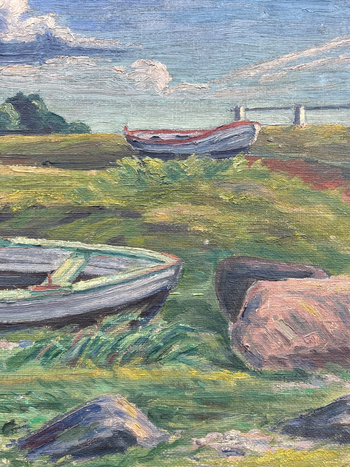 Impressionist Danish Coastal Landscape Boats At Shore Fishing Village Summer Day