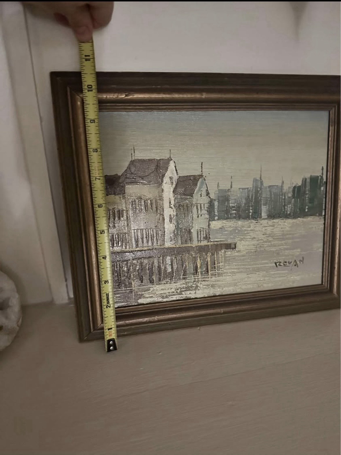 Mid-Century Impasto Palette Knife Harbor Cityscape Painting – Signed REVAN