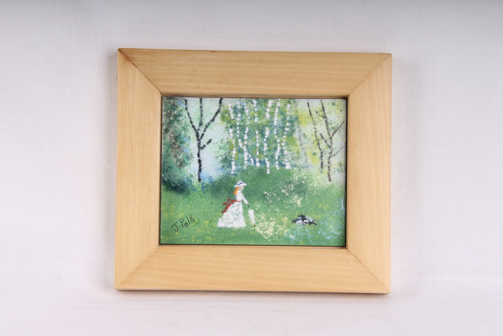 J. POLK – Enamel on Copper Original Frame – IMPRESSIONIST ART WOMAN IN WOODS.