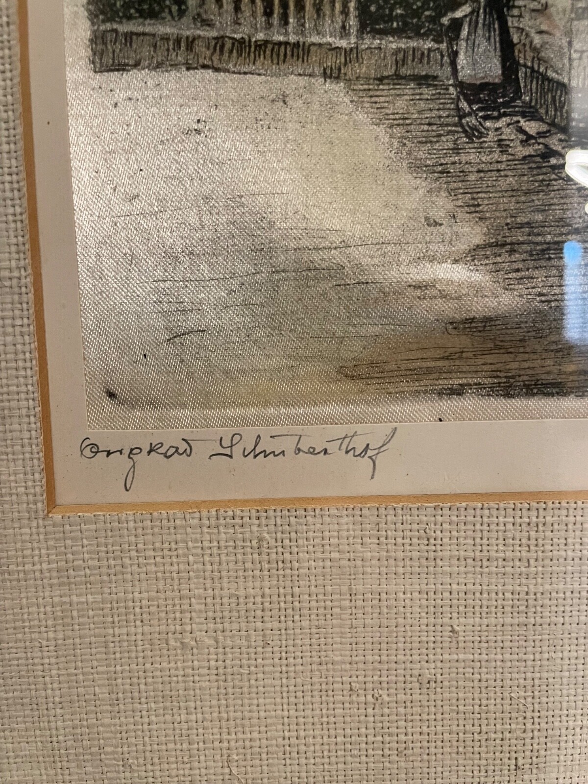 Hans Leisch Colored Etching On Silk Original Frame