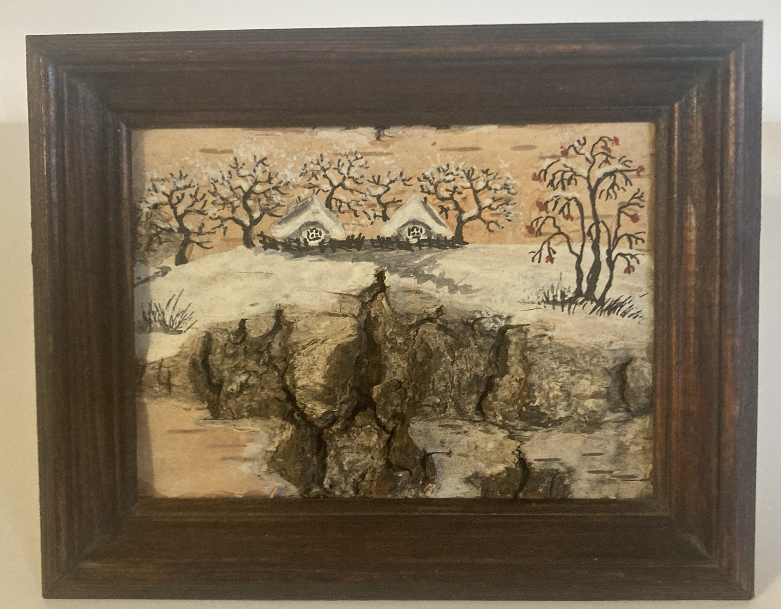 Vtg Small Russian Birch Bark Landscape Framed Artist Signed Set of 3