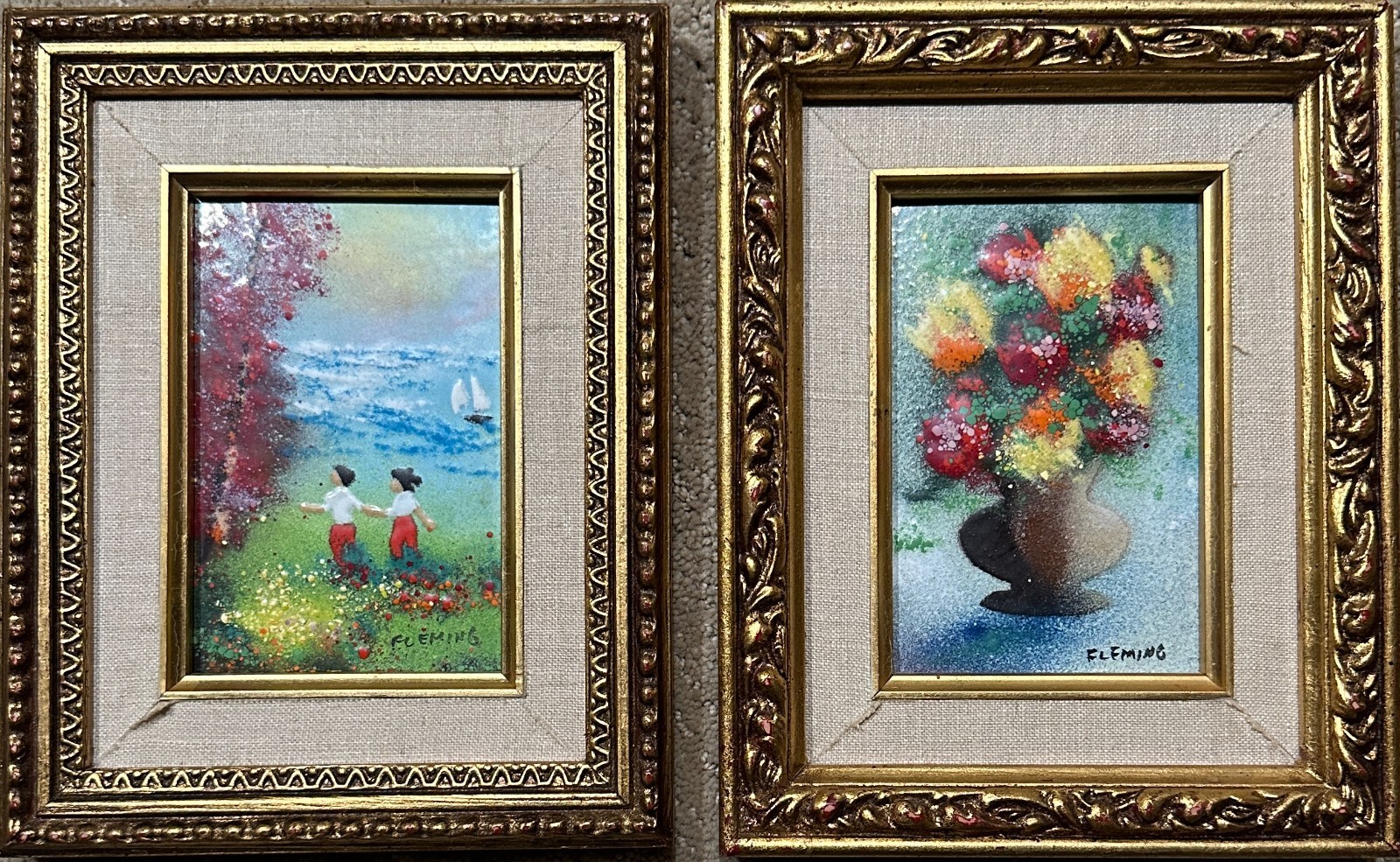 Set of 2 Enamel on Copper paintings by FLEMING Children in Field Vase of Flowers