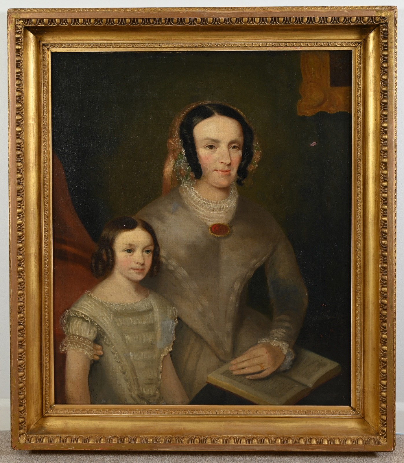 Naive Style Antique 19th Century Double Portrait Oil On Canvas Painting