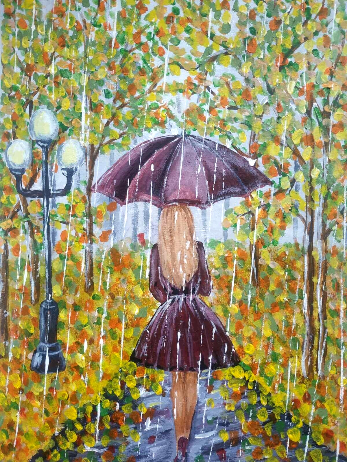 Original acrylic painting. Woman with an umbrella in the rain in an autumn park