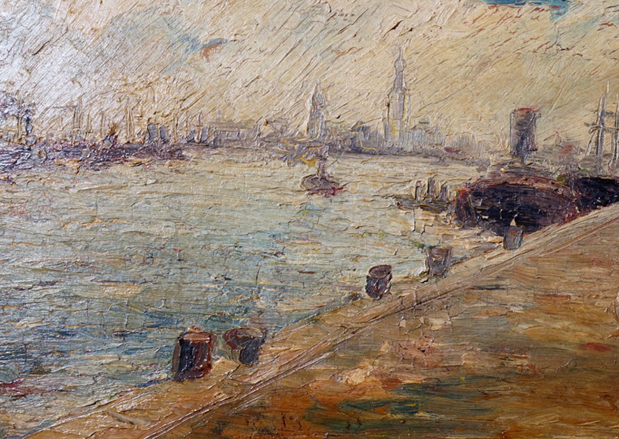 Post Impressionist Harbor Scene Landscape Oil Painting 20thC. Signed Illegible.