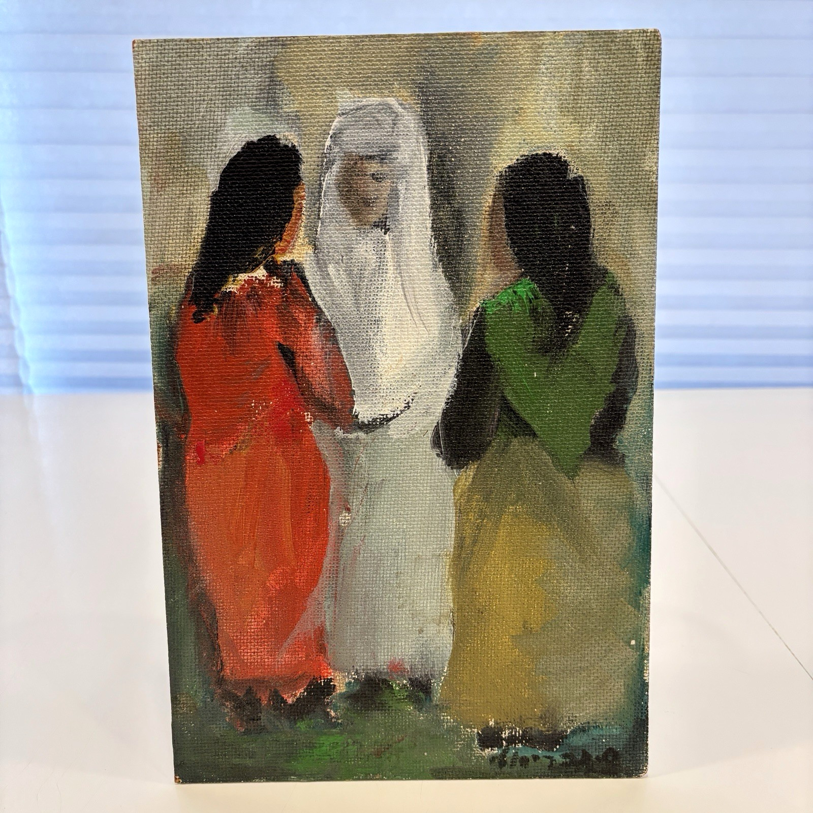 Vtg Modernist Figurative Painting on Board 3 Women Earth Tone Palette 8×11.5″