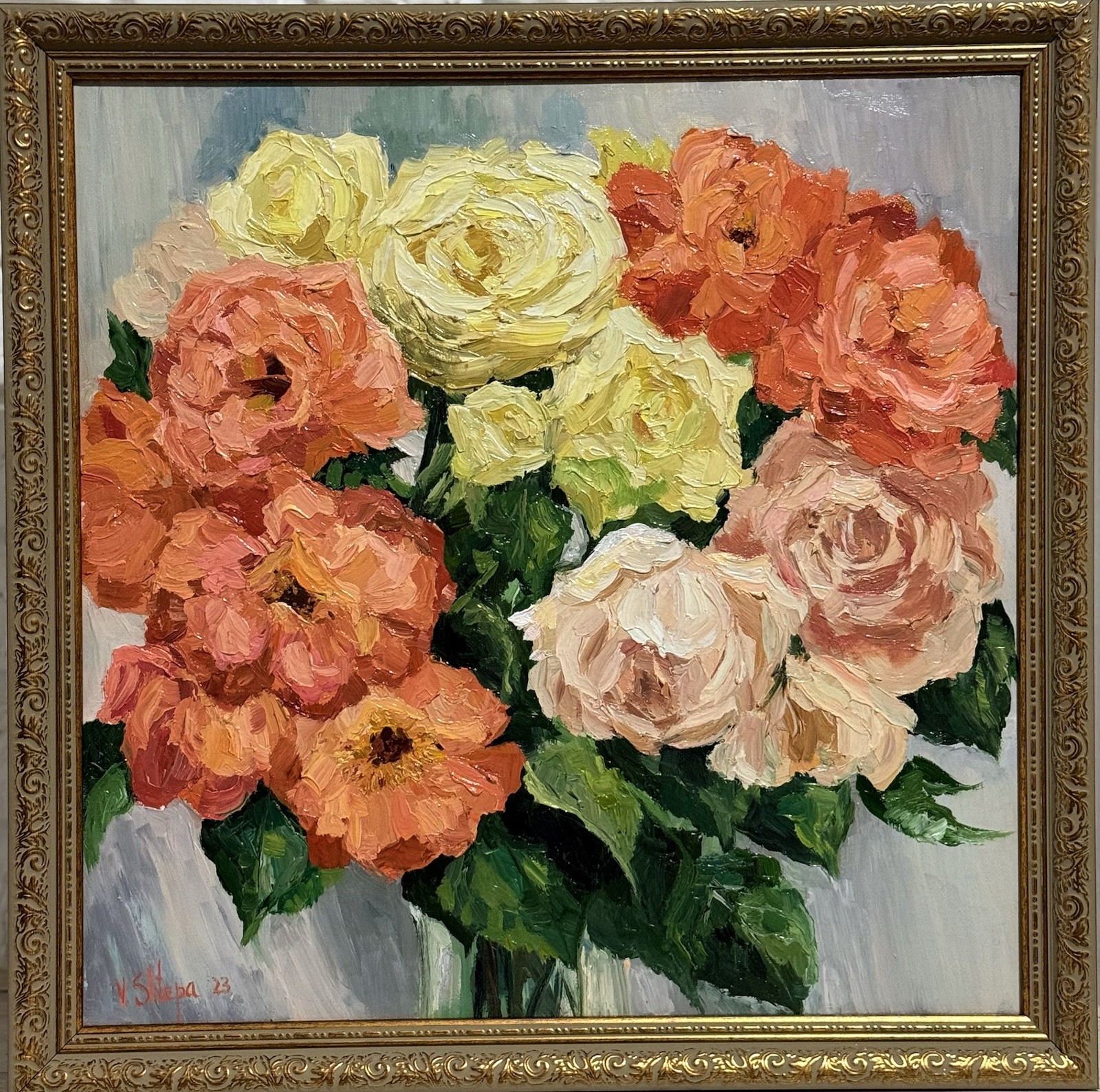 Original Oil Painting ROSES Bouquet Flowers Floral Art Signed 19х19in FRAMED