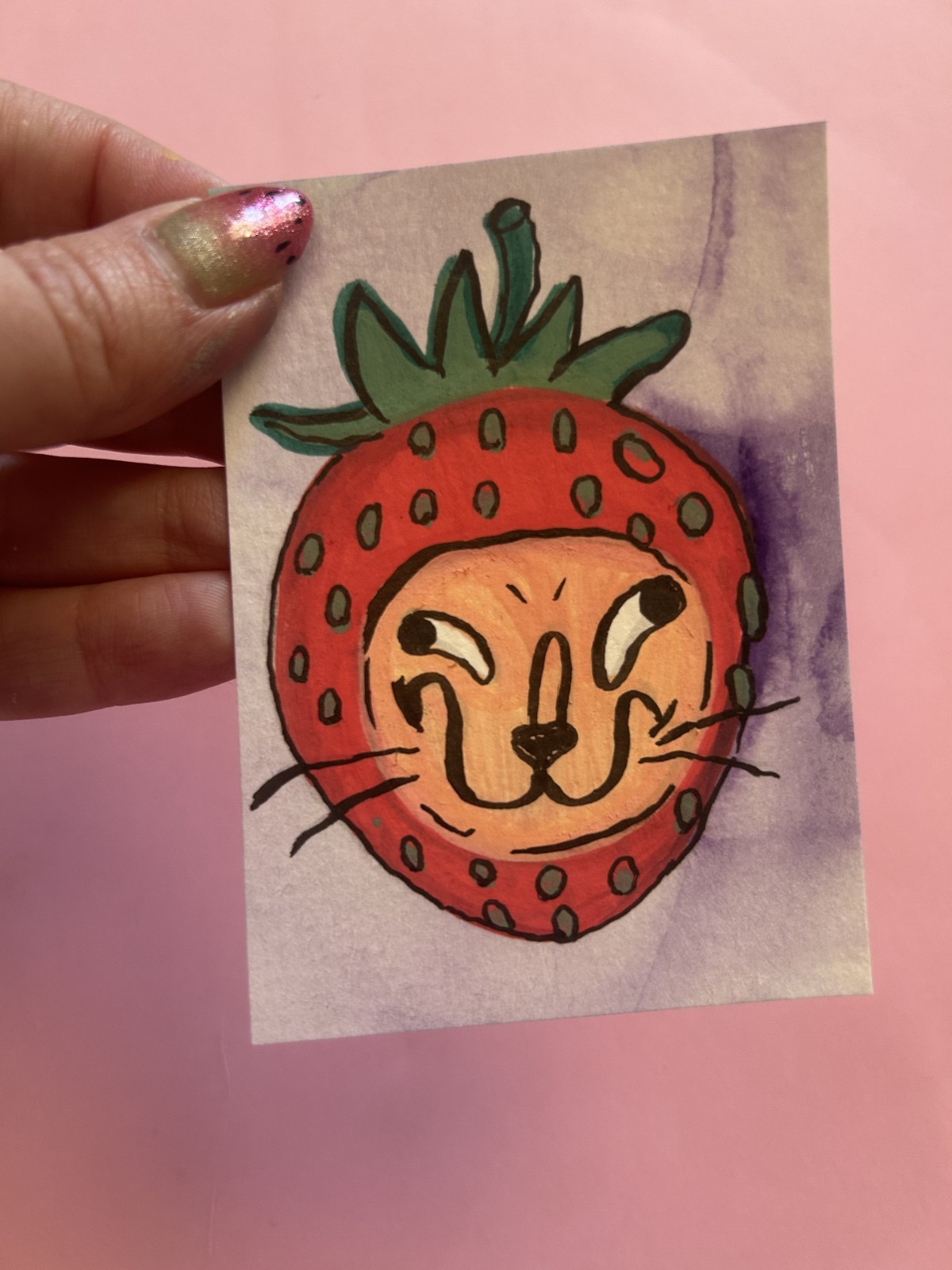 Aceo Original Painting Strawberry Silly Cat – Cute Animal Sawyer Crane Art