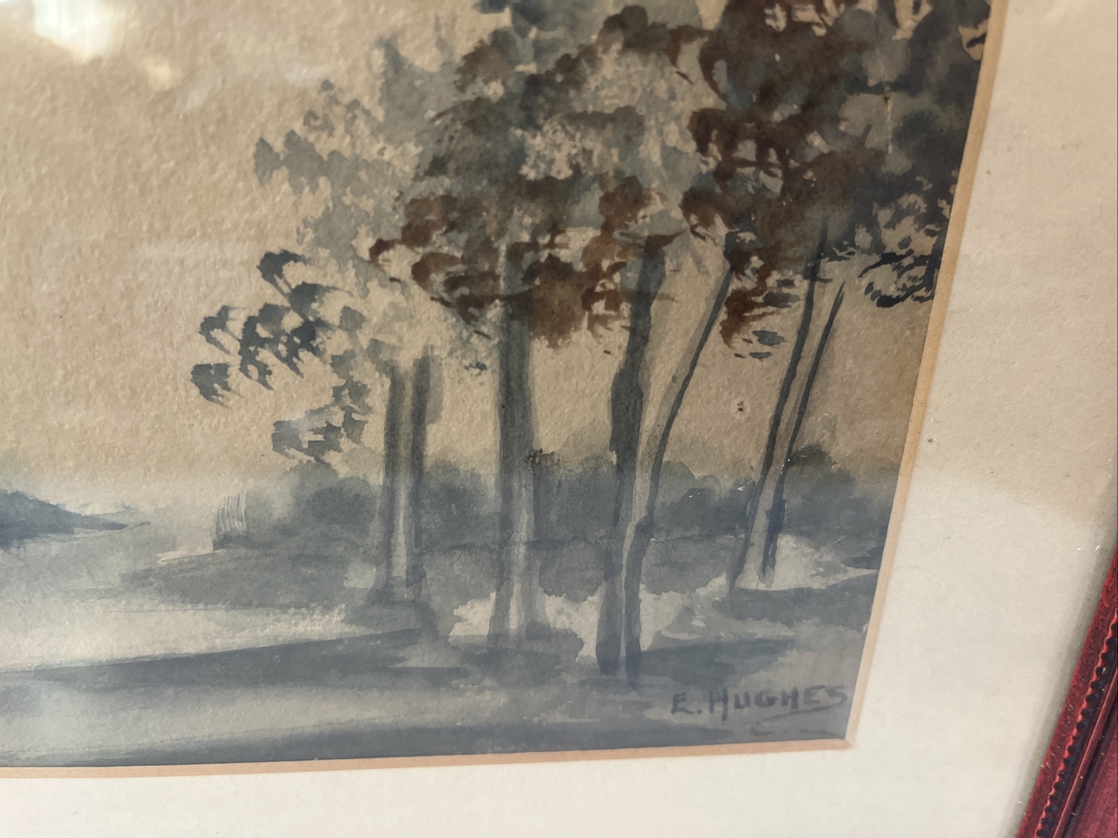 Antique Original E. Hughes Framed Watercolor Windmill 13” x 8”