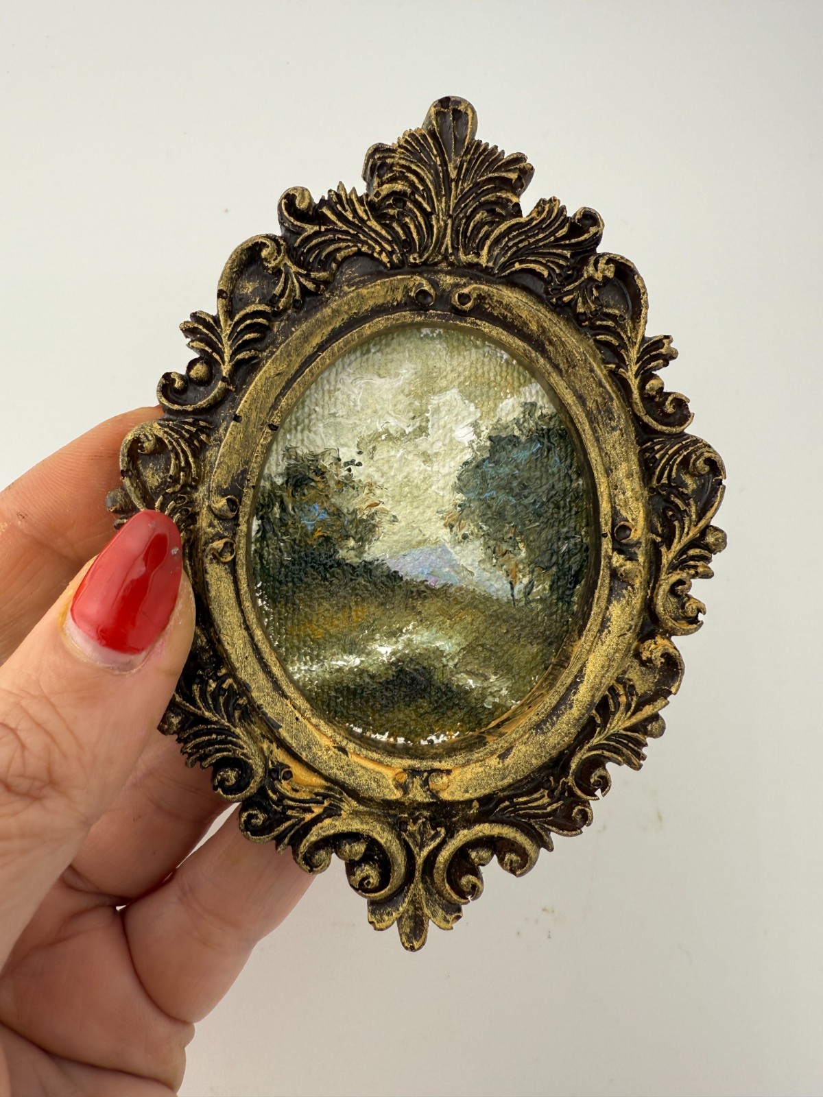 ORIGINAL landscape mini painting in handmade vintage style ornate frame
