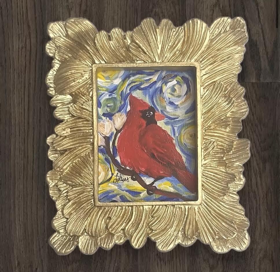 mini paintings & prints in vintage style ornate frame, mini art, birds & animals