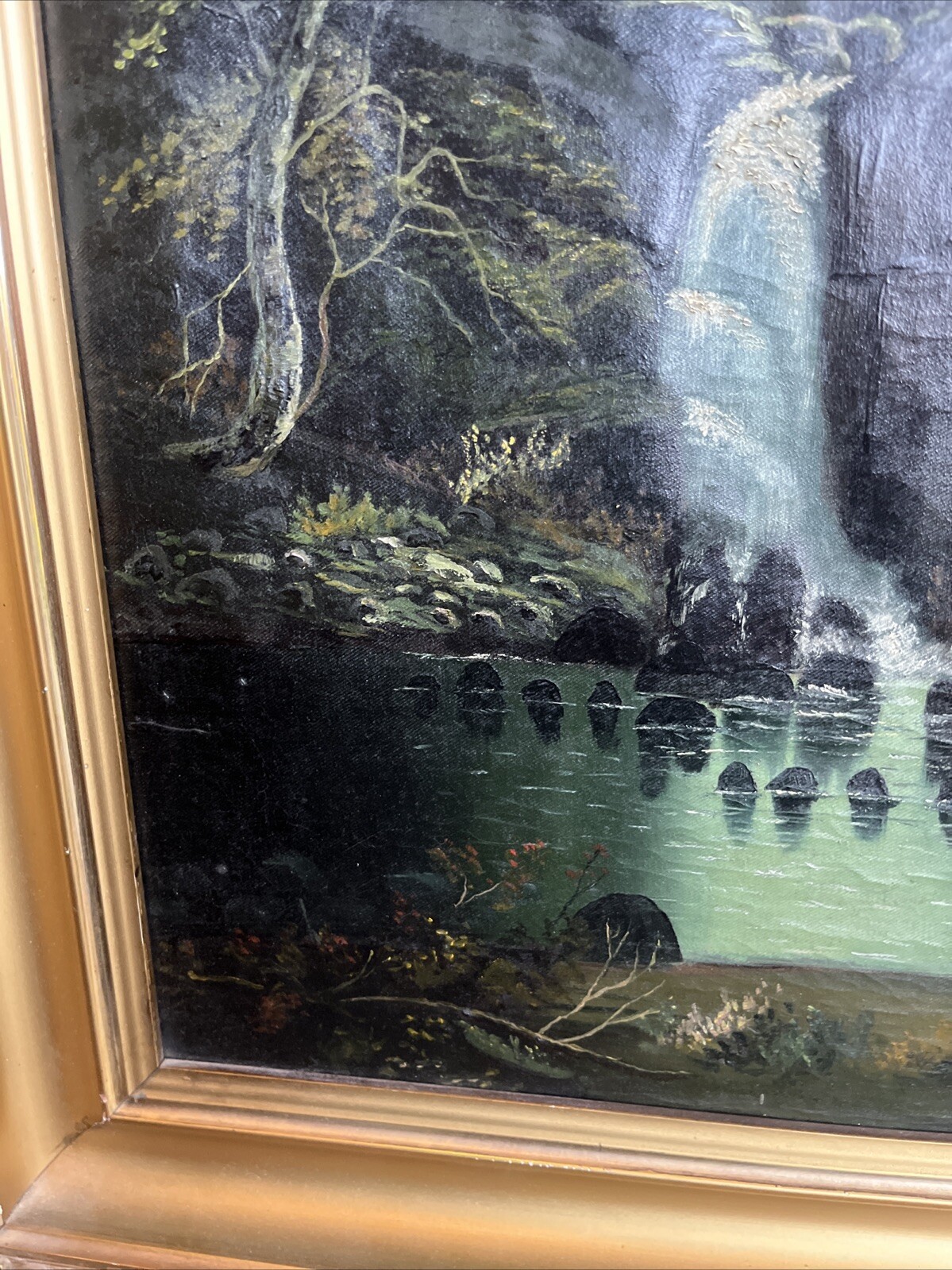 19th Century Beautiful Landscape Waterfall Oil Painting On Canvas Unsigned