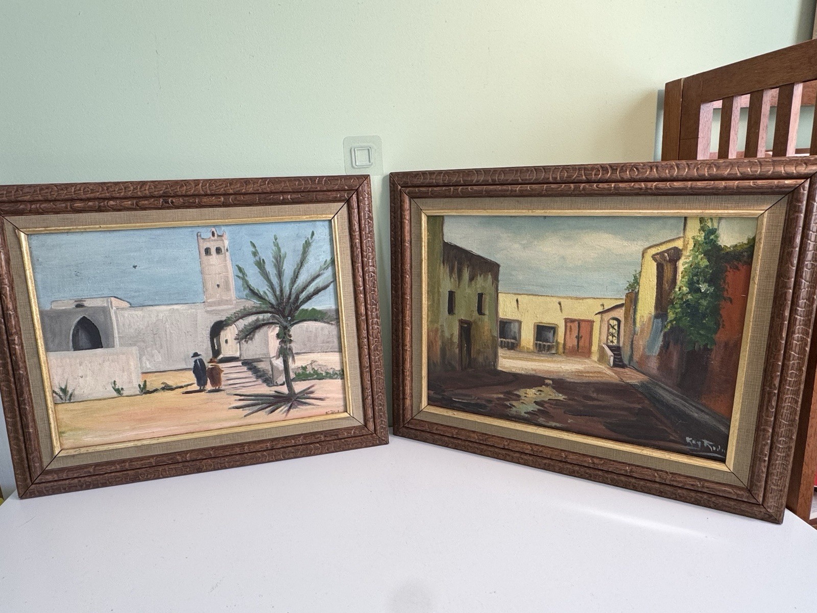 Pair VTG Southwest Pueblo Native American Art Framed Oil Paintings 20.5” X 16.5”