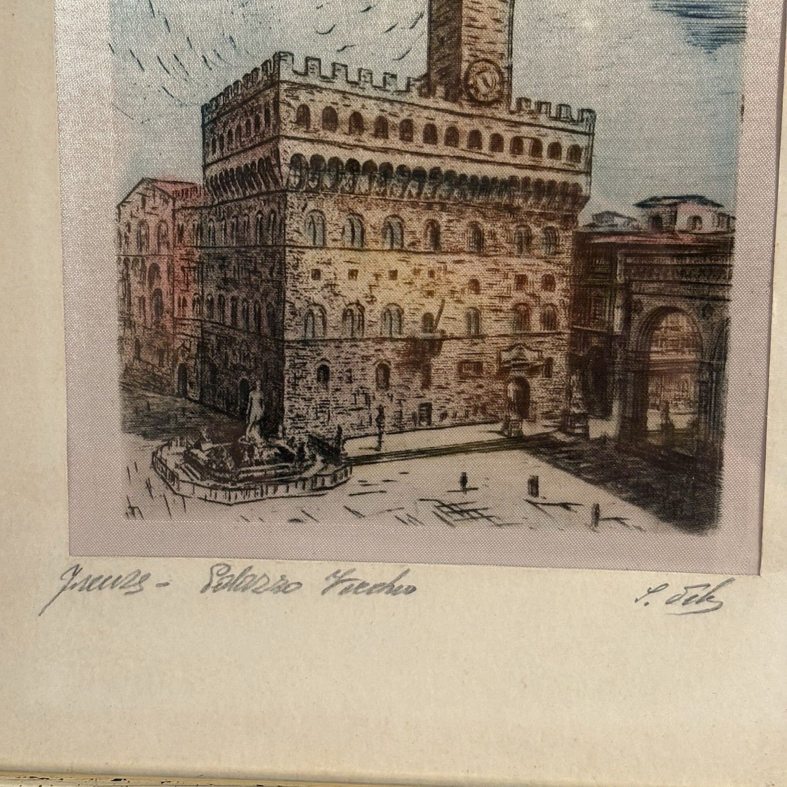 Vintage Silk Hand-Painted Palazzo Vecchio Italy Fortress Small Italian 8 x 10
