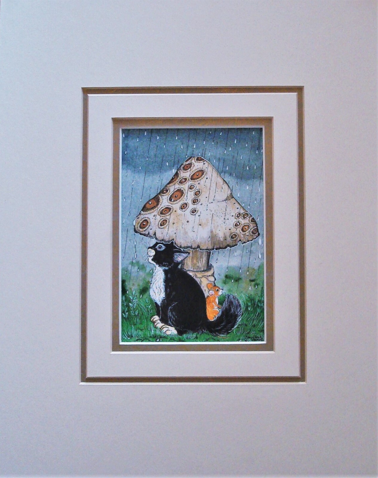 Signed CHEYENNE – Cat & Mouse, Giant Mushroom Watercolor/Gouache/Ink Painting
