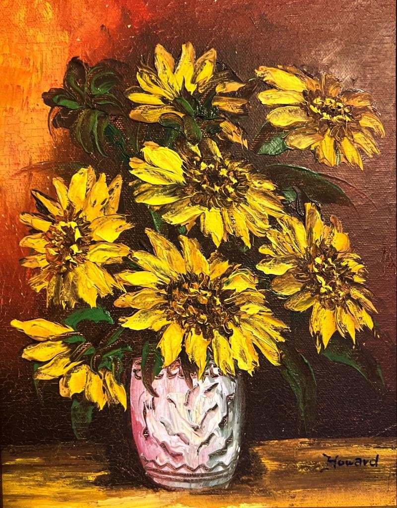 Vintage Oil Painting Floral Still Life Sunflowers Flowers Artist Signed Howard