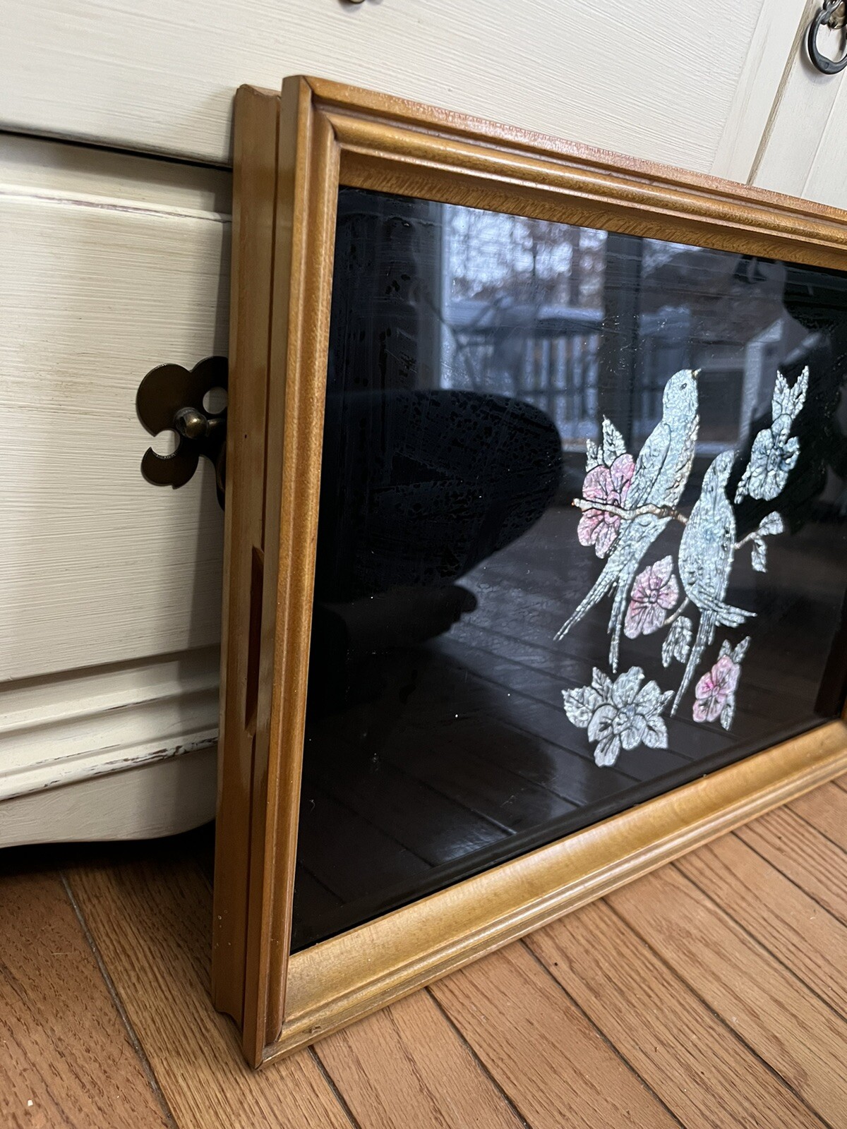 Vintage Birds & Cherry Blossoms Reverse Glass Tinsel Foils Metallic Wall Art