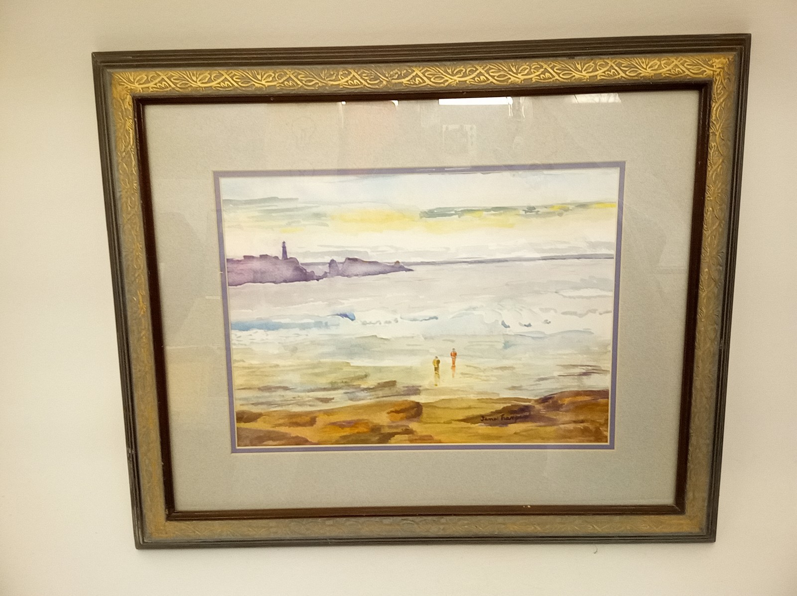 Jane Harper watercolor painting people on beach framed Oregon Coast Sands ofTime