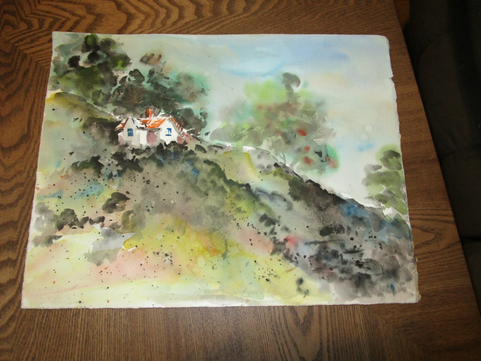 Original Watercolor By Peg Humphreys, House on Hill & Trees/Meadow 17.5″ x 13.5″
