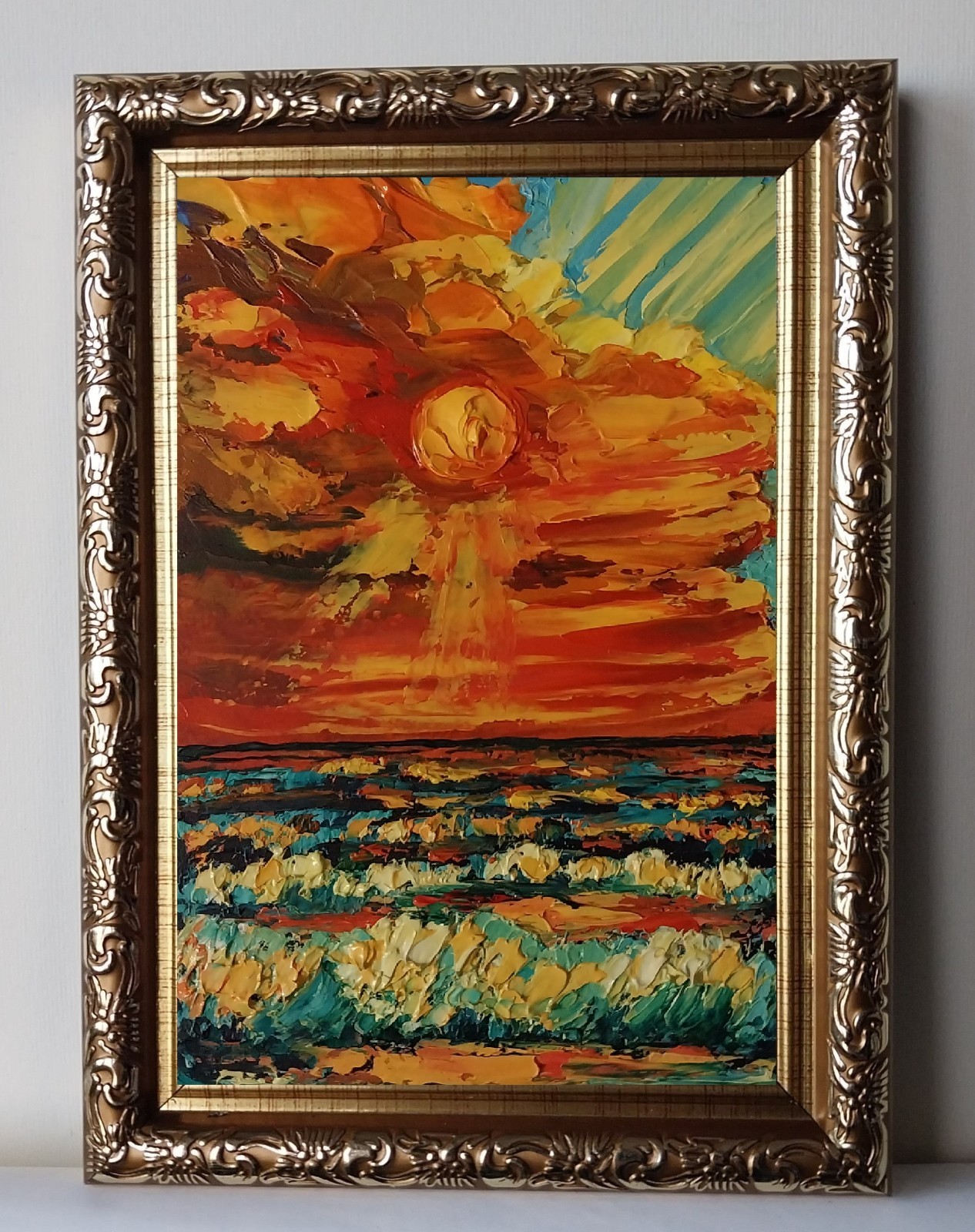 Framed Small Seascape Bright Sunset Sky Art 4×6” Impasto Original Oil Painting