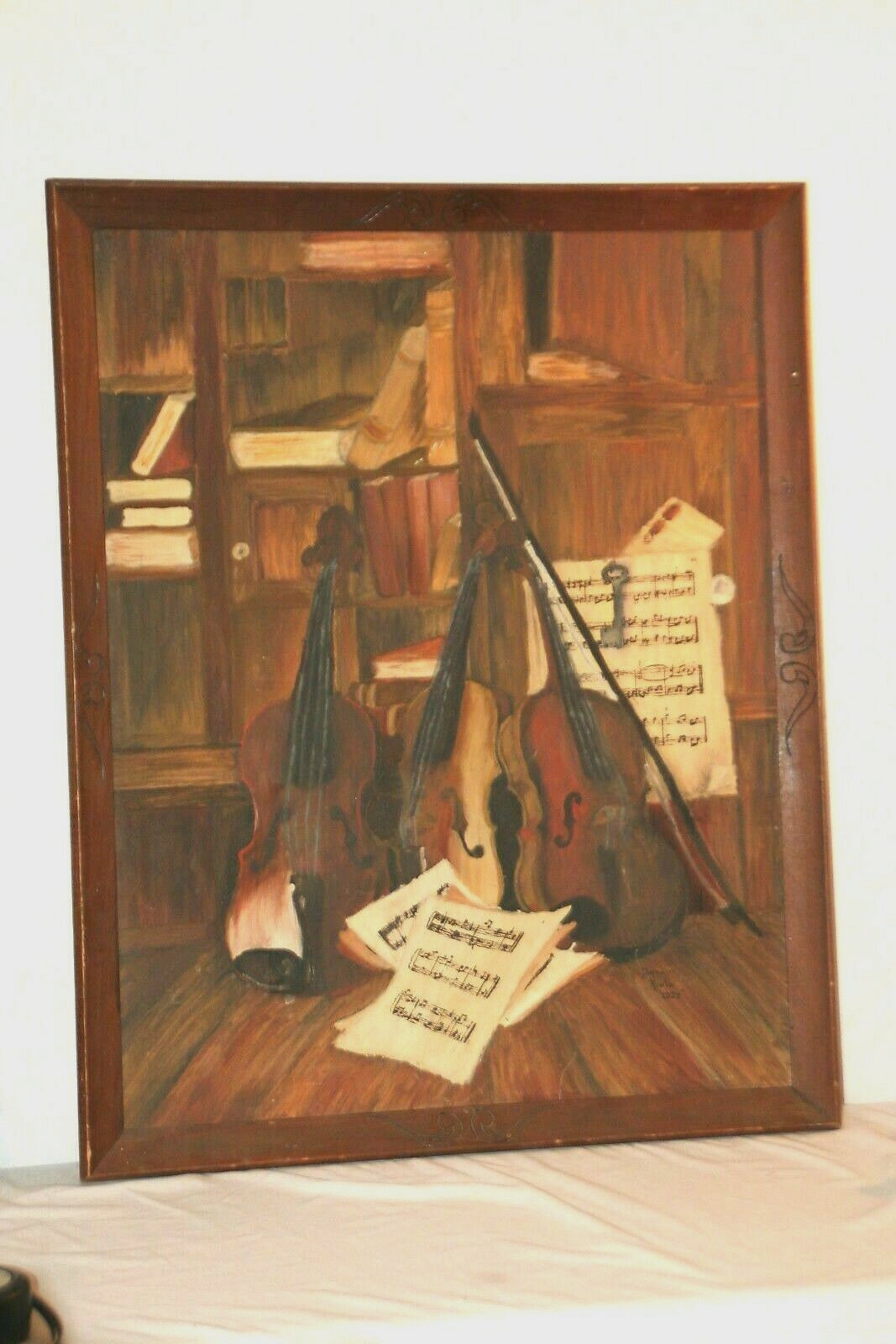 VINTAGE PAINTING Still Life 3 VIOLINS in Library Books Sheet Music Trompe L’oeil
