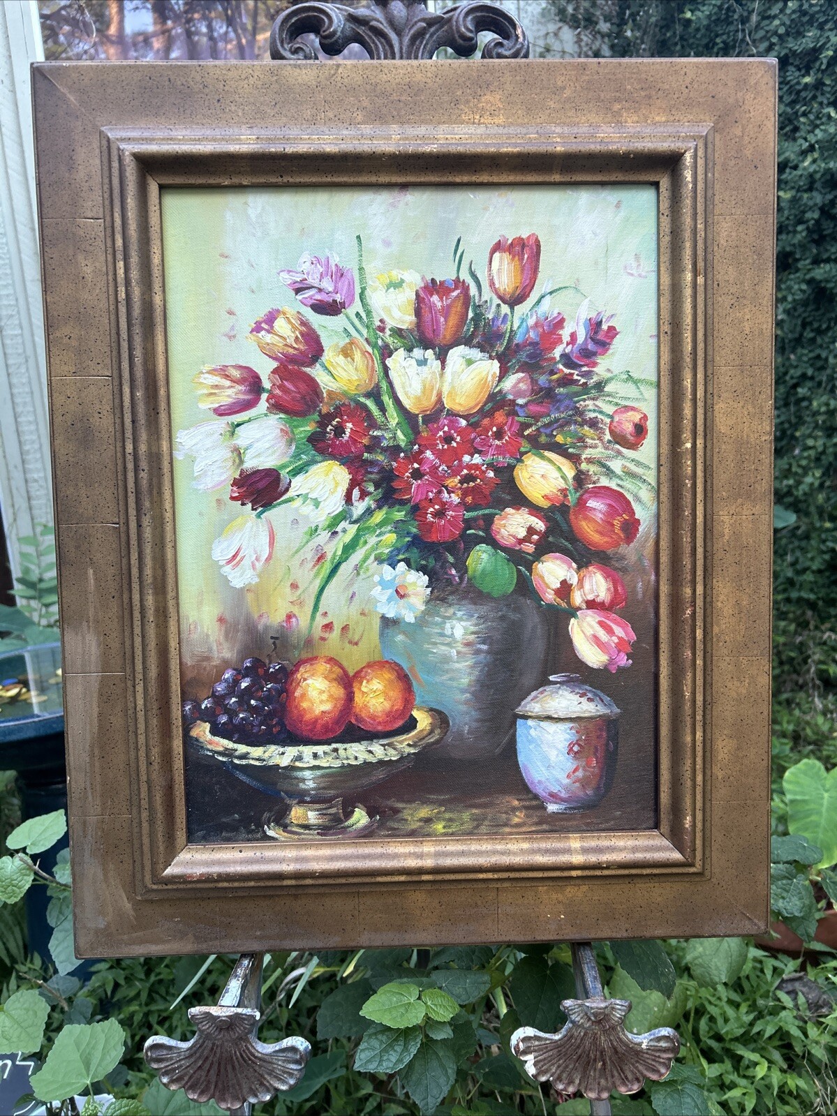 1960’s Mid-Century Oil on Canvas Tulips in Vase Floral Still Life Framed Vtg Art