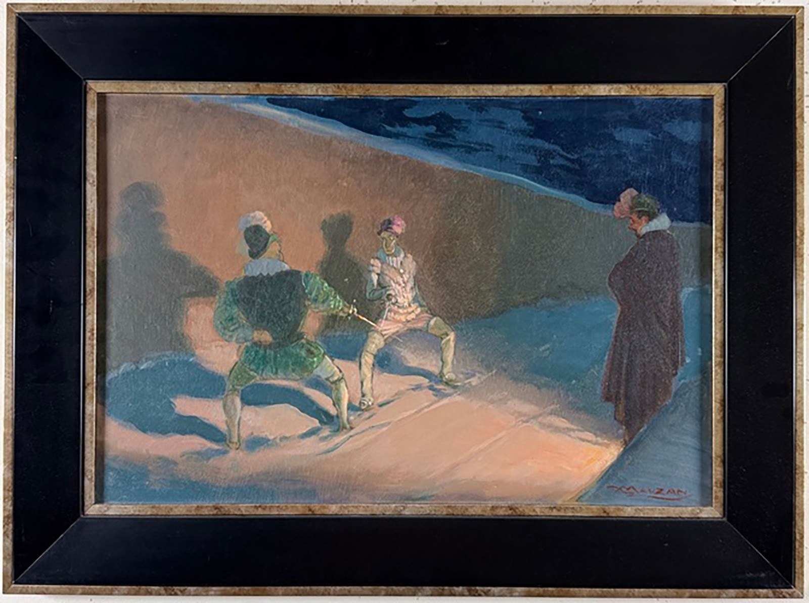 Original 1940’s French Oil On Board Painting By Achille Mauzan …»Le Duel»..