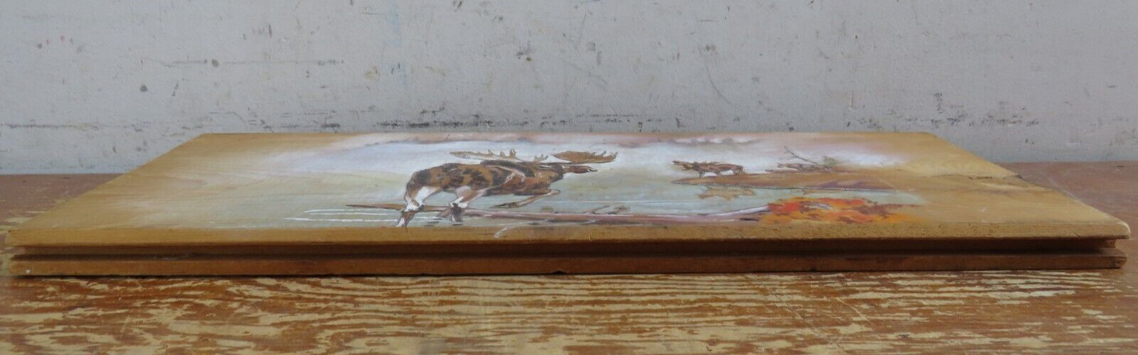 vtg Original Wood Burning painting Moose Lake/Forest – Leonard Rollins