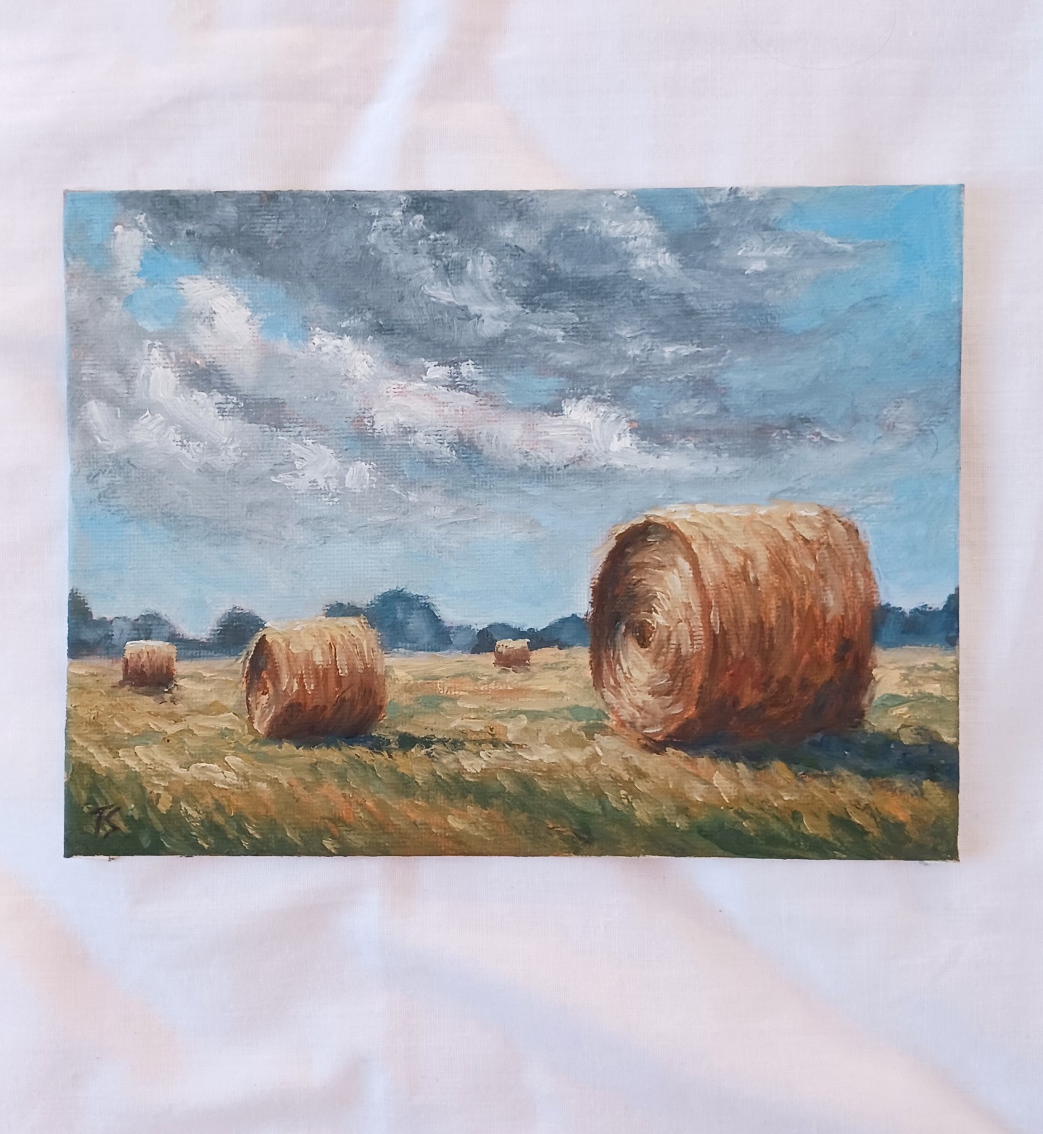 ORIGINAL Oil Painting Impressionism Landscape Clouds Hay Bales Field 6″x8″