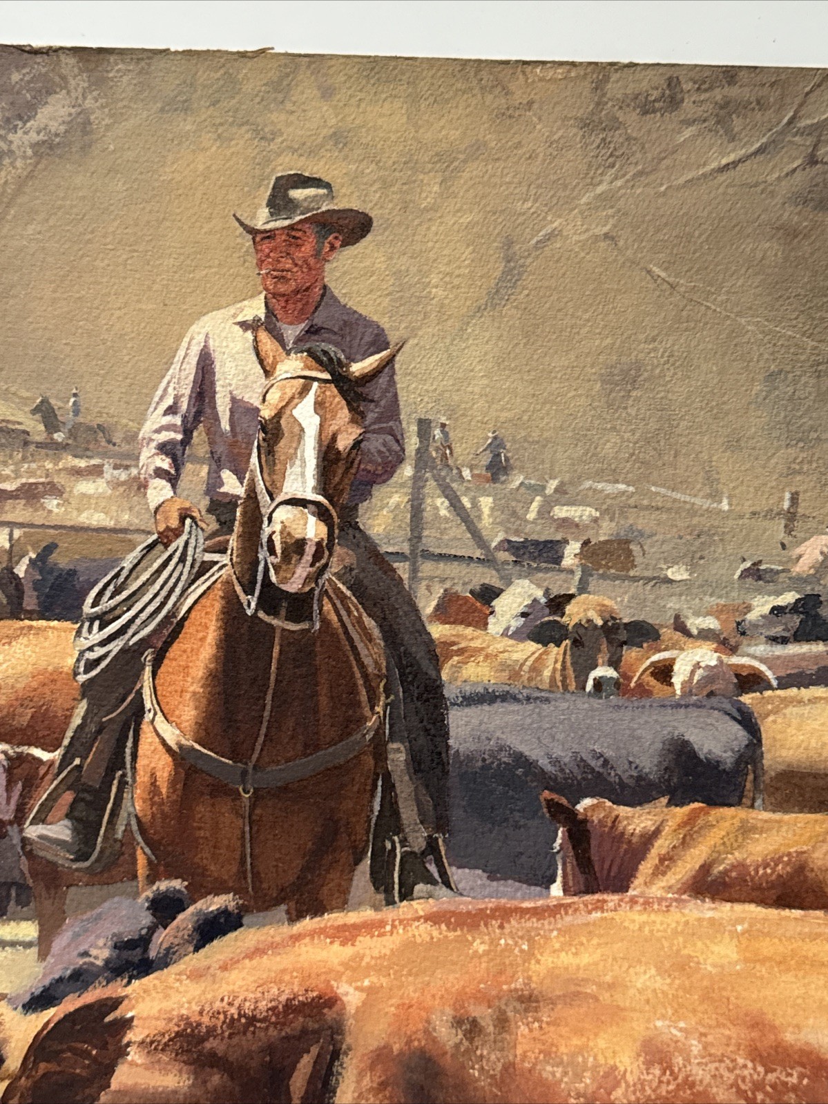 VINTAGE COWBOY PAINTING WESTERN RANCH COWBOYS FARM FARMING AMERICAN COWS
