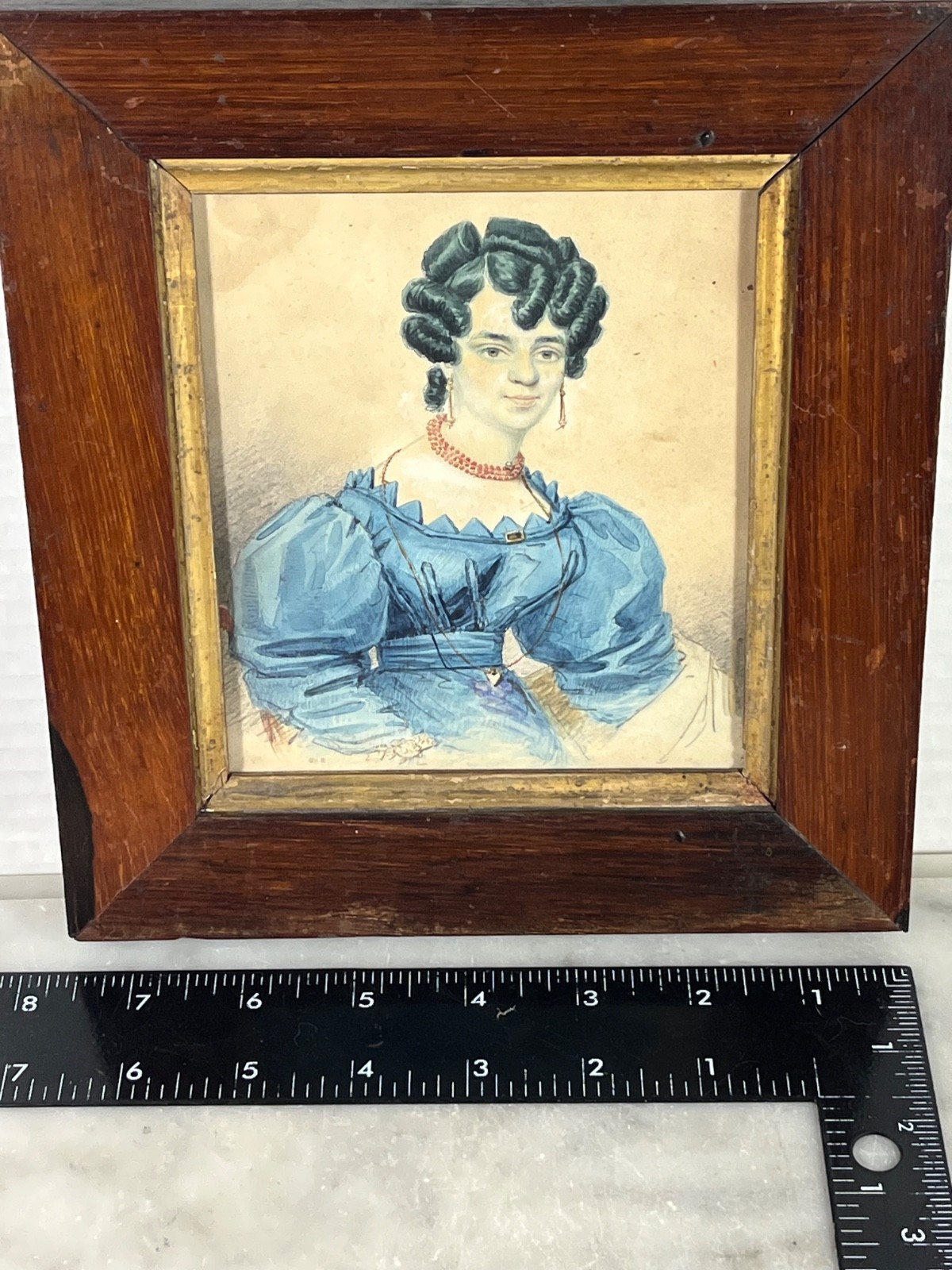 Antique 1830s Colored Lithograph portrait young Woman Wood Framed 7”x 8”