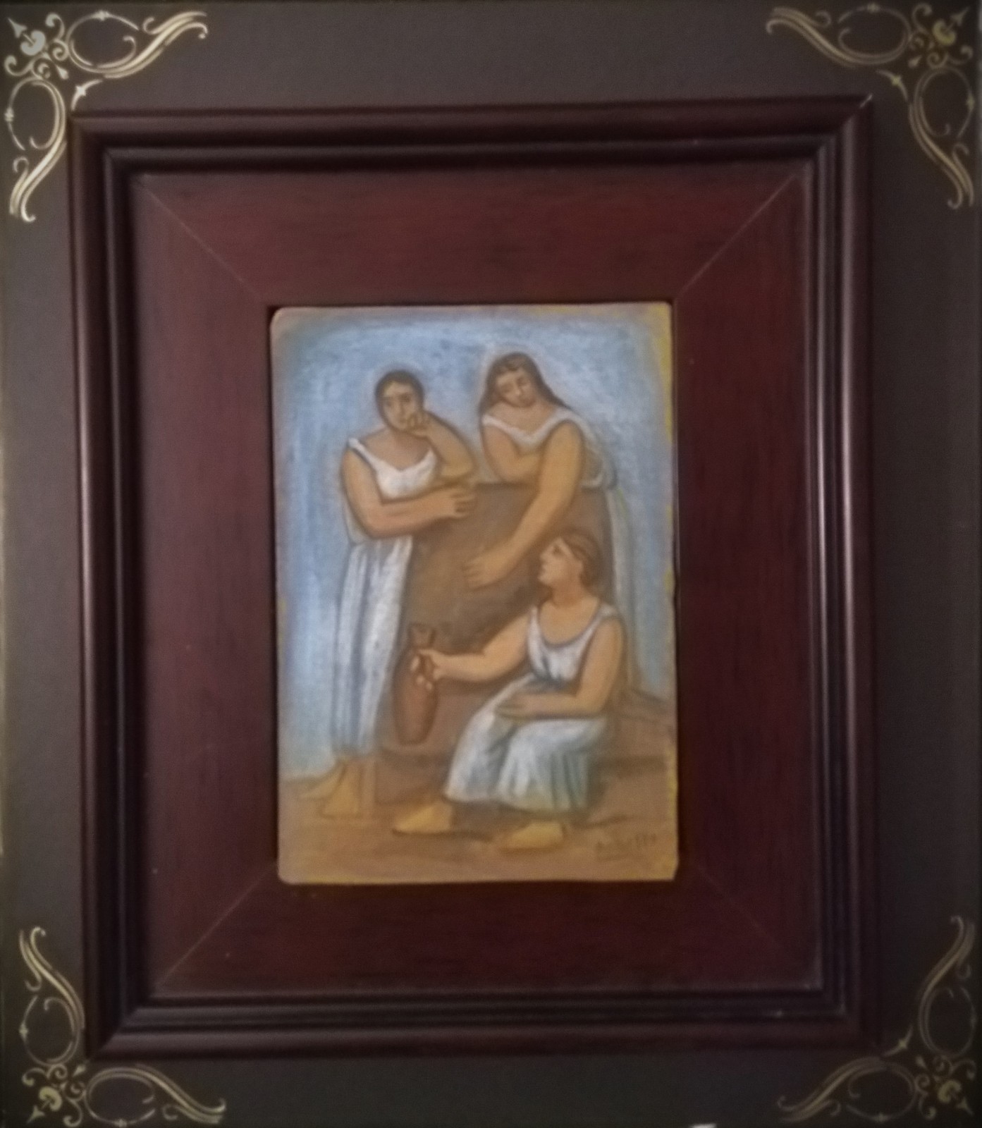 Three Women at the Spring Picasso Expressionism Style Painting on Cardboard
