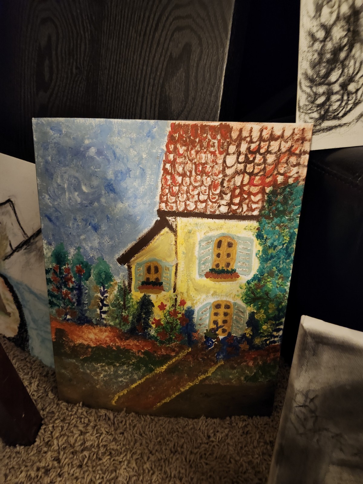 Folk Art House Cottage Landscape Painting with Trees, Unframed