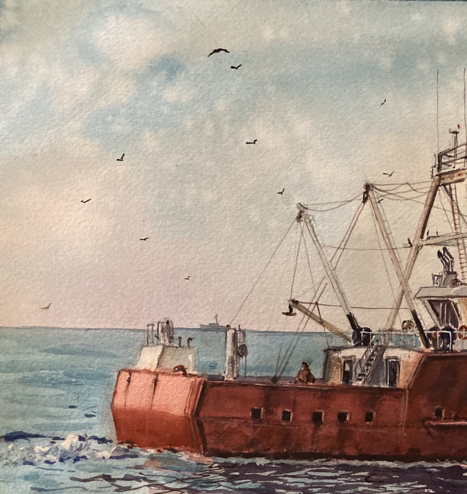 Watercolor Original Painting Unique 11″ x 15″ Fishing Ship