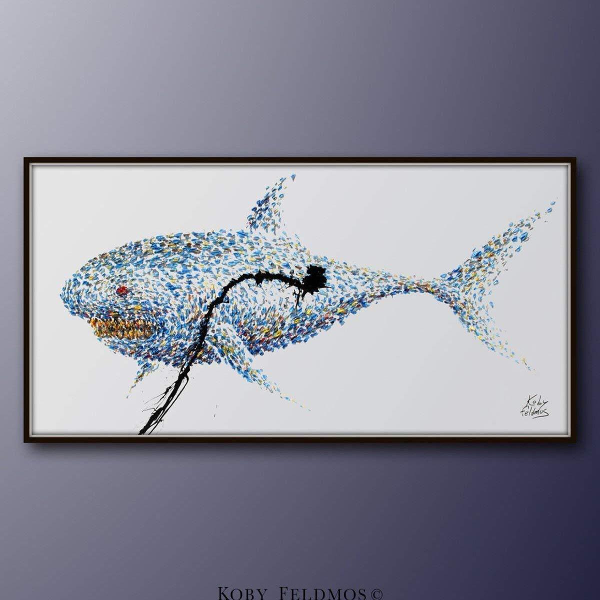 painting 67″ Shark, animal fish art, shades of blue, contemporary art, pop art