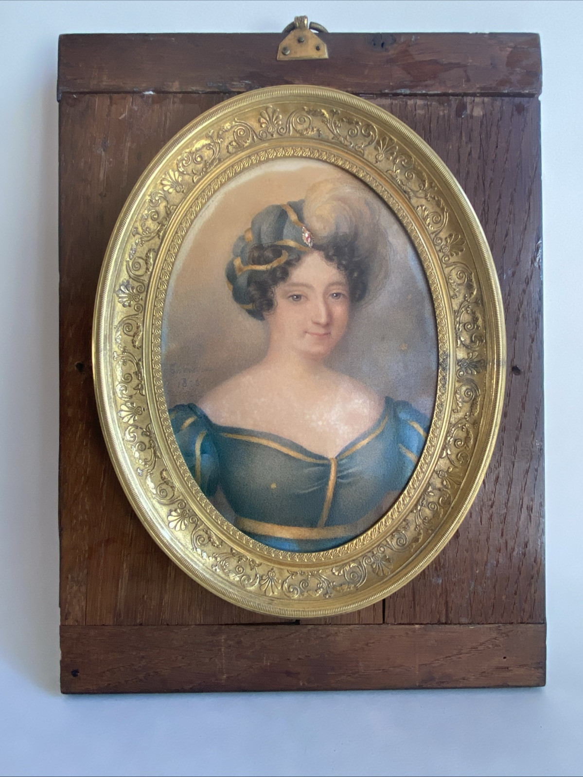 Russian Signed 19th Century Framed Oval Watercolor Portrait of a Woman, 1822