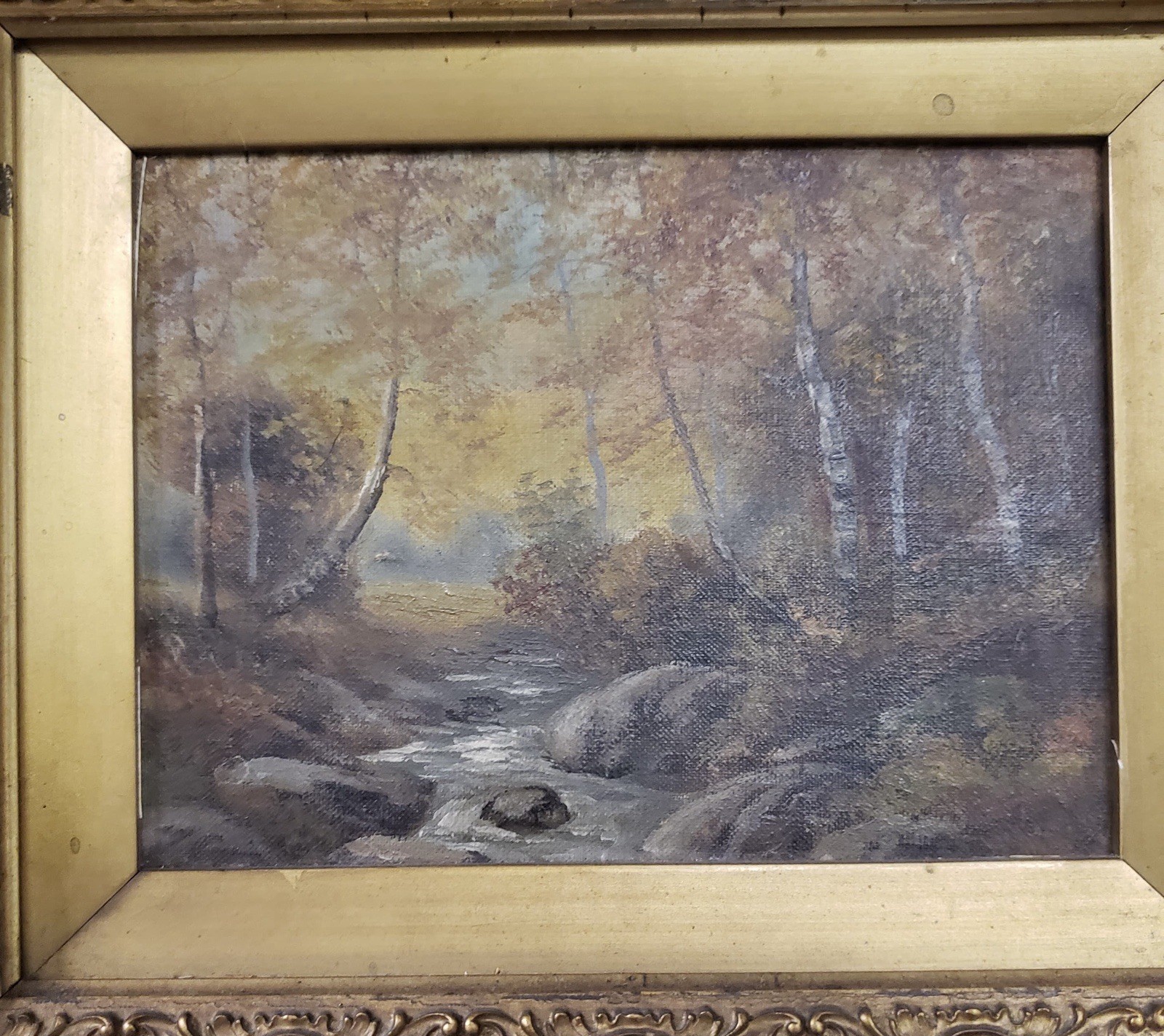 Vintage Gild Framed Landscape Painting on Canvas Forest Trees River Stream, sign