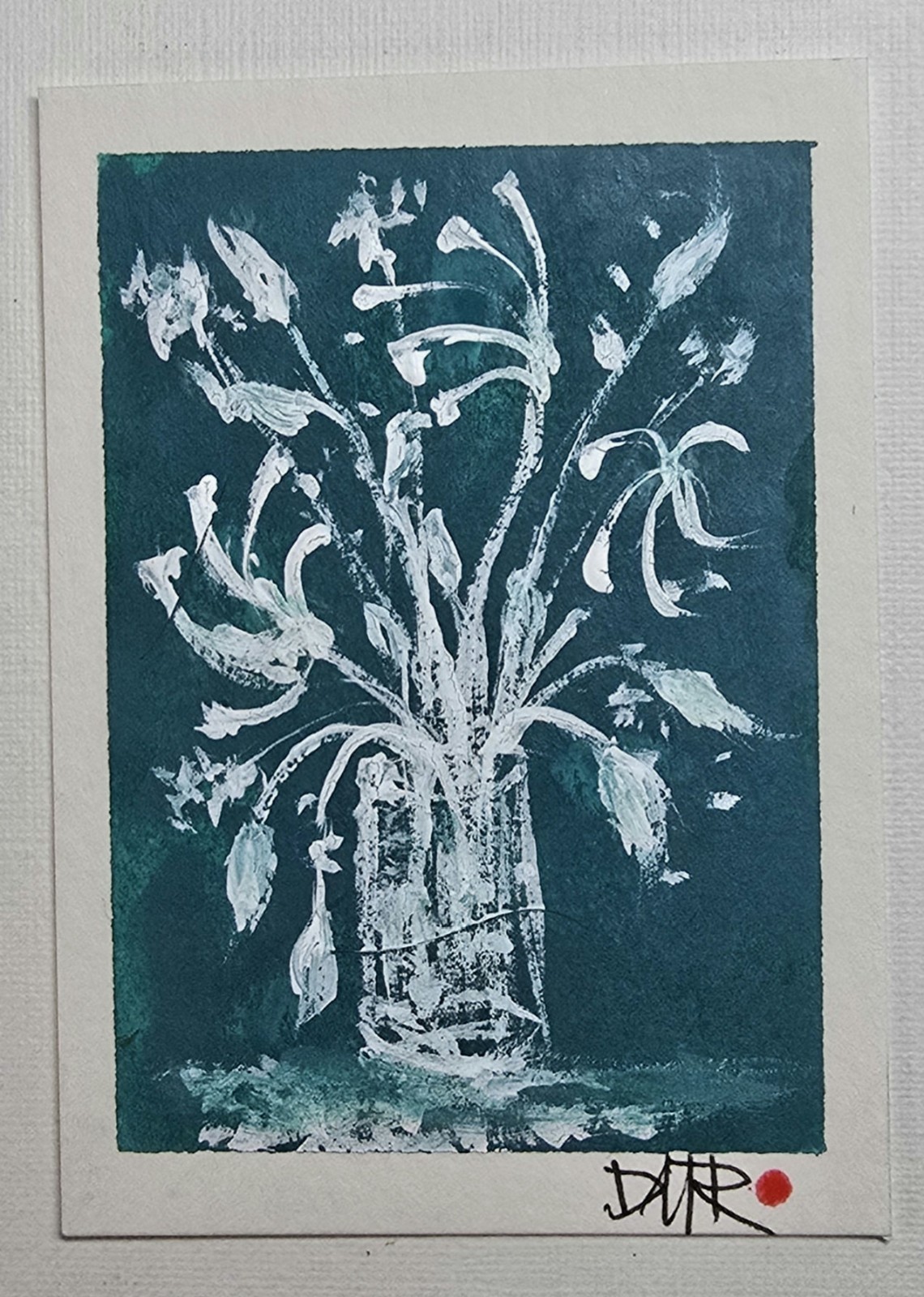 Original ACEO Flowers Teal/White Watercolor by Dulce Maria Rico «GENTLE DRIFT»