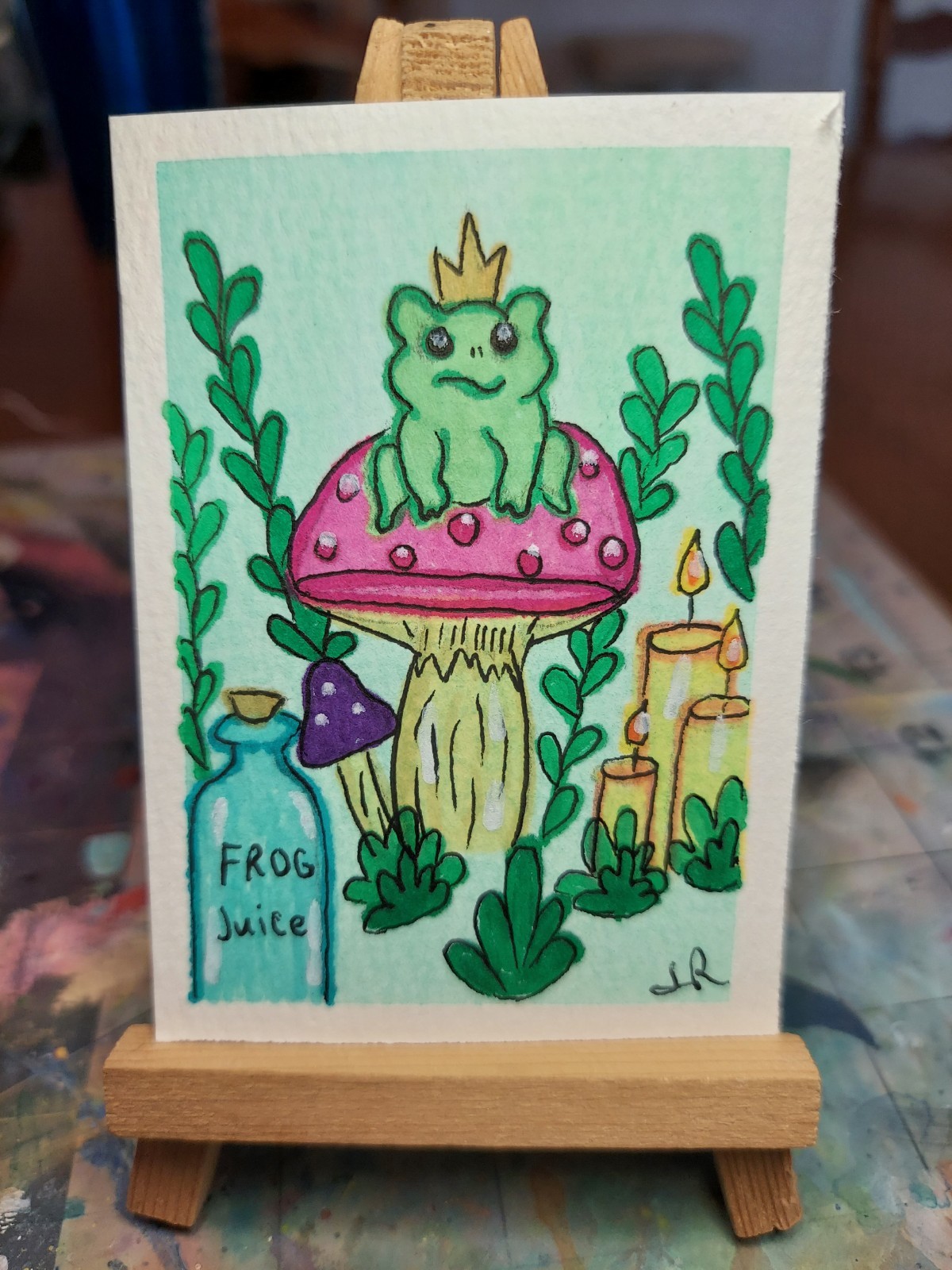 ACEO Watercolor 2.5×3.5 Painting Spooky Cute Frog toadstool plants candle bottle