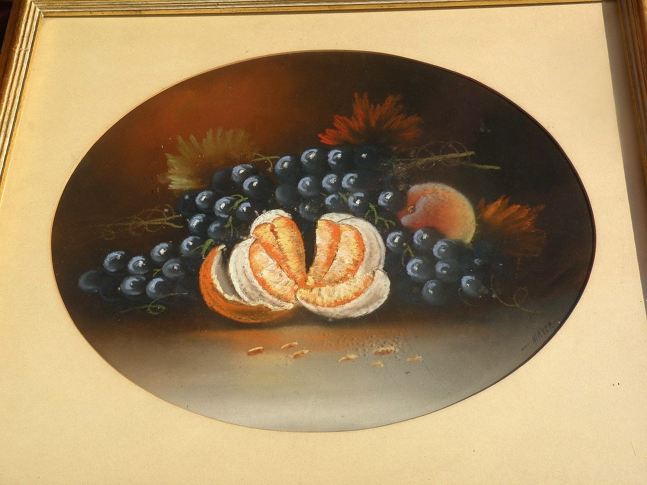Pastel still life painting of fruit signed Mayer antique early 20th century