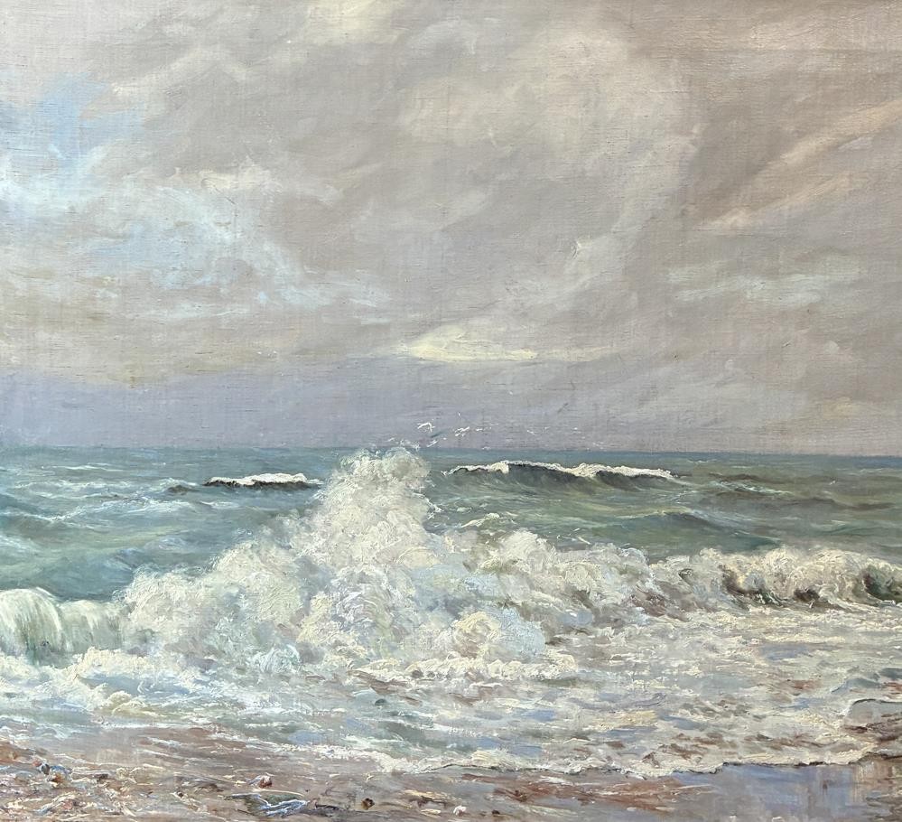 Harald Pryn (1891) Breaking Waves, North Zealand Coast. C.1920s. Large Oil. COA
