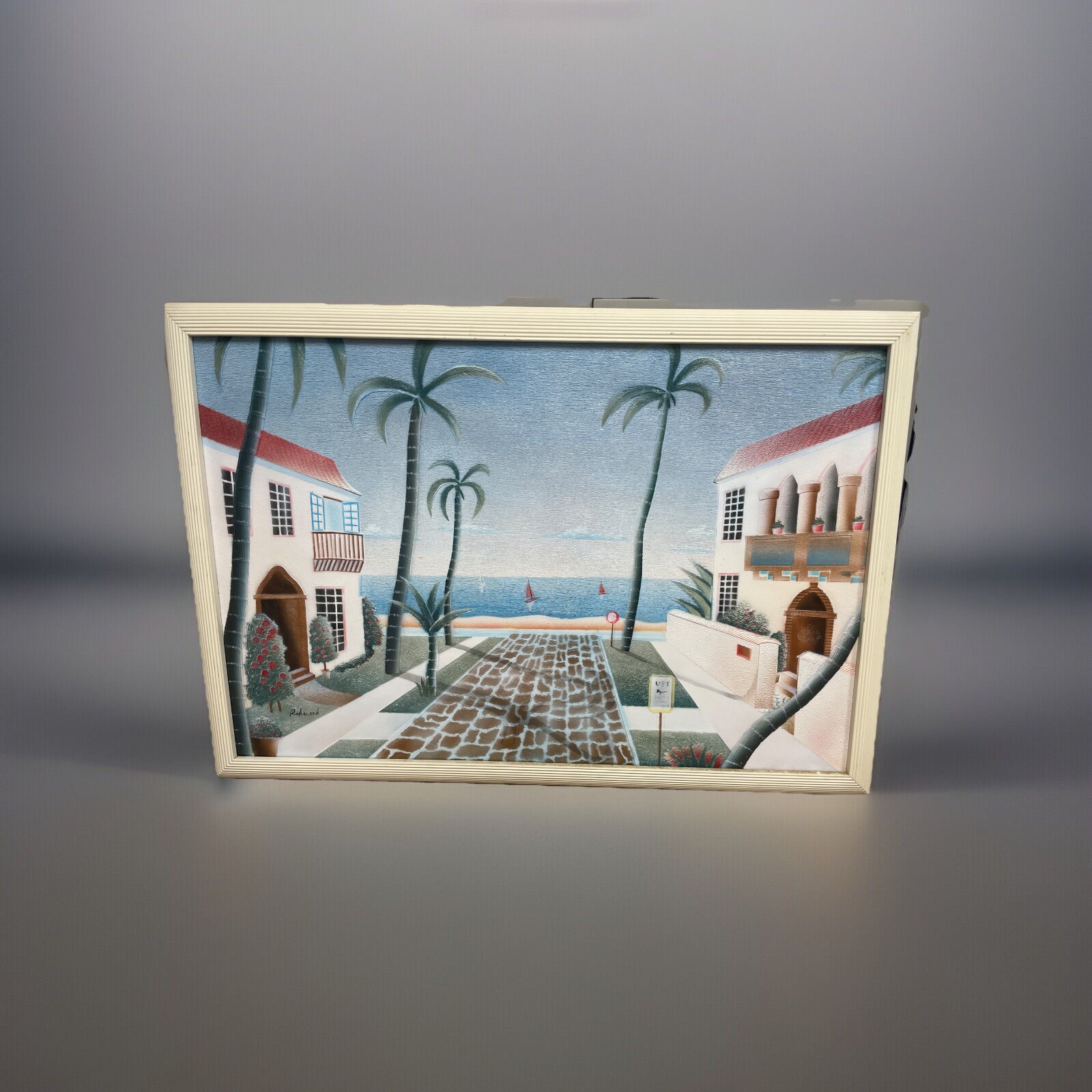 🎨 Redmond Signed Beach Houses & Sailboats Painting 39.5” x 27” Coastal Art 🌴