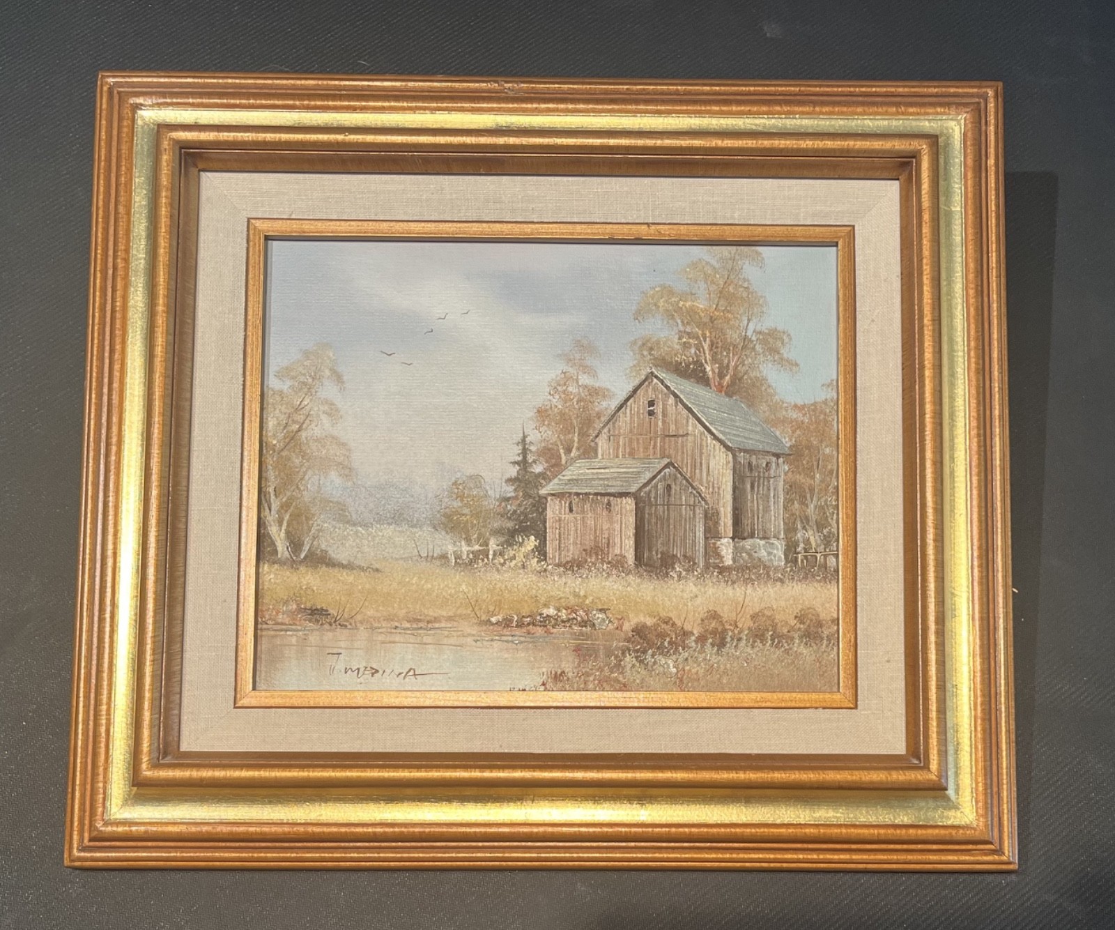 Painting by J. Medina Rural Barn Oil on Canvas wood frame