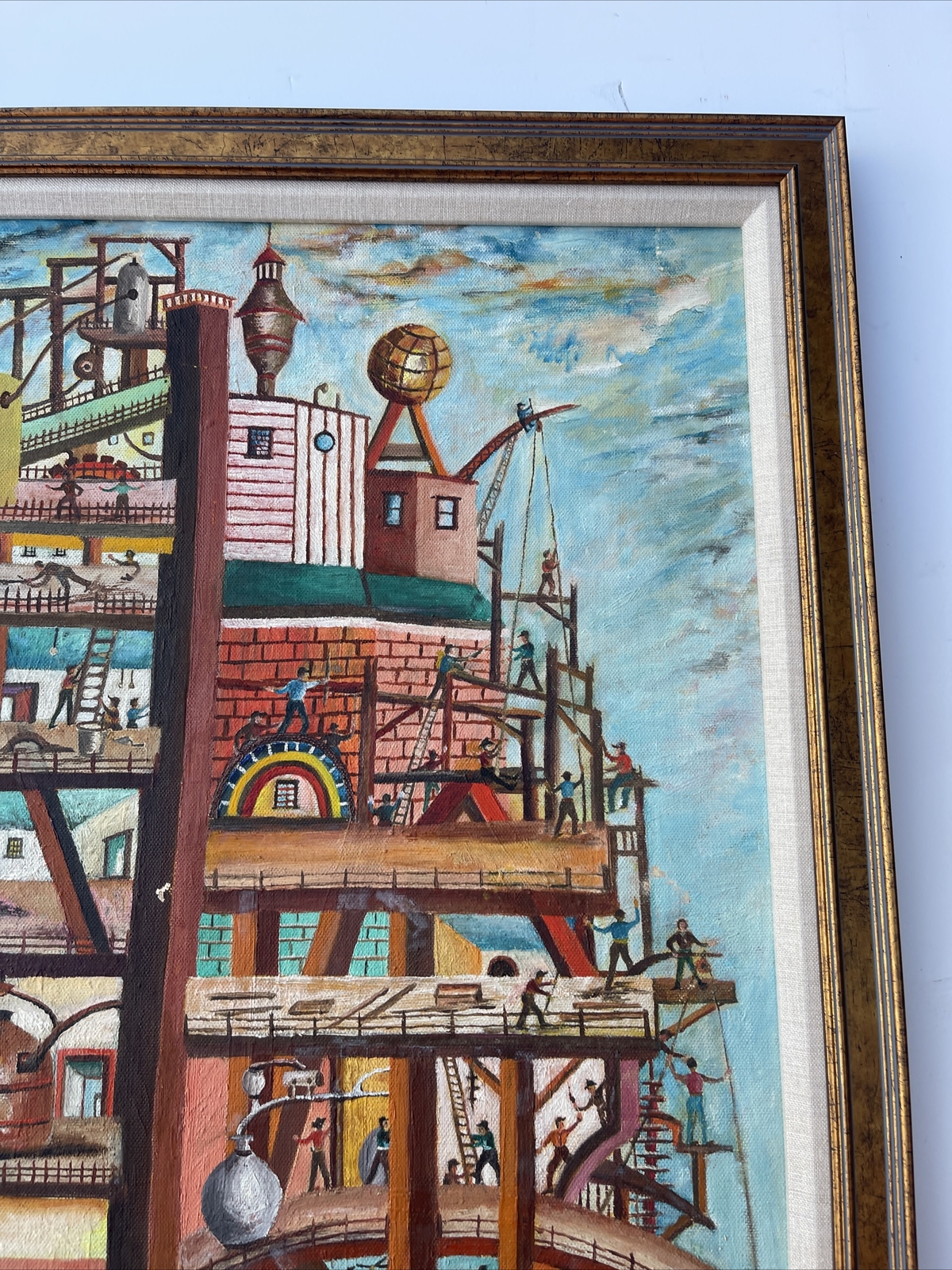 Vintage Industrial Painting Construction Workers Factory Urban Modernism Listed