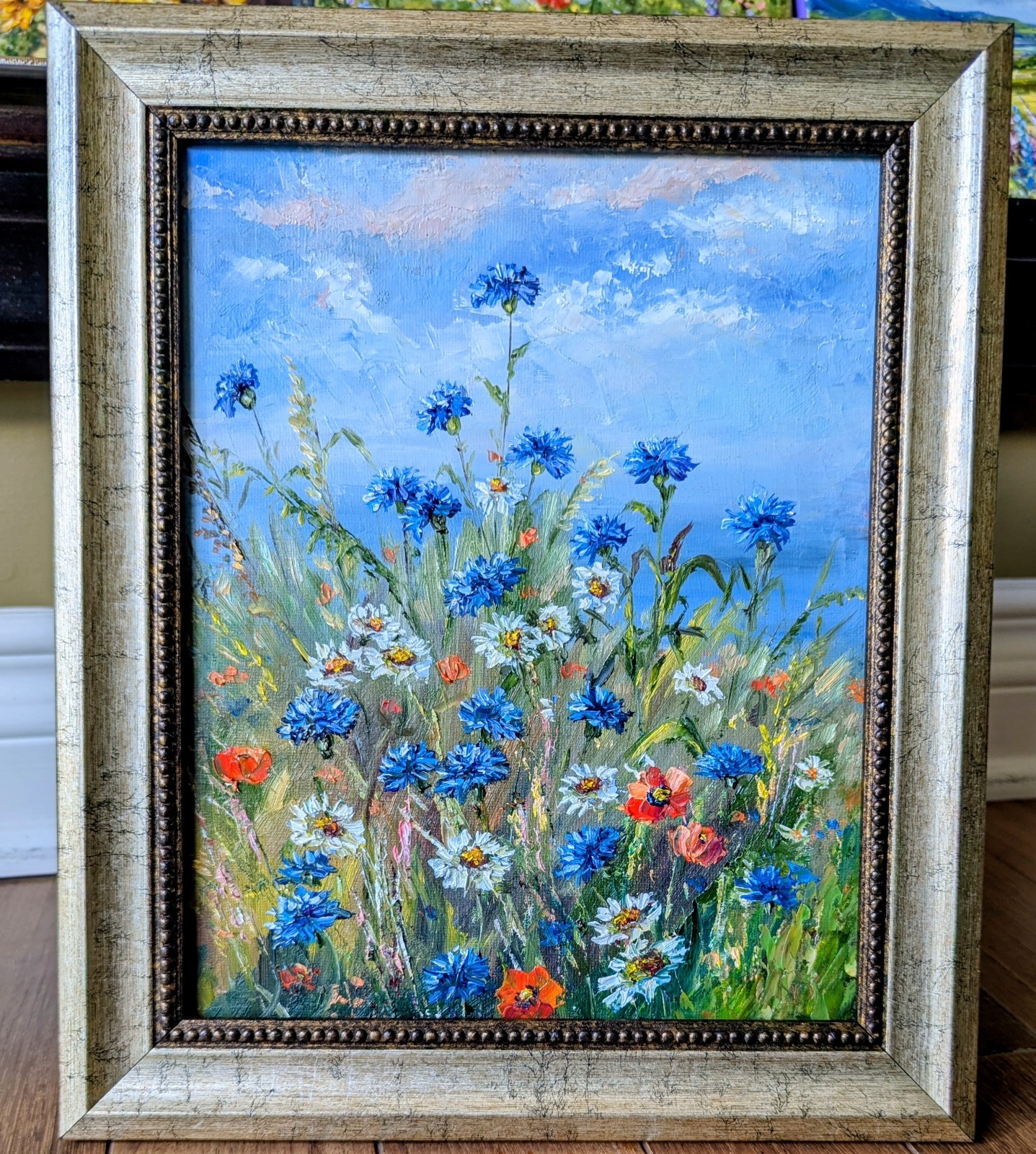 Cornflowers, Daisies, Poppies ORIGINAL OIL Painting WILDFLOWERS impasto 10″x 8″