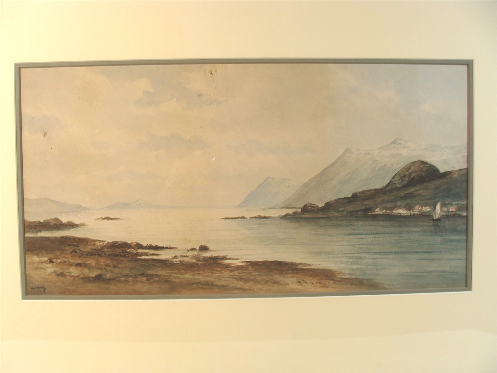 Antique A H Cheney Mountain Lake Sailboat W/C Painting