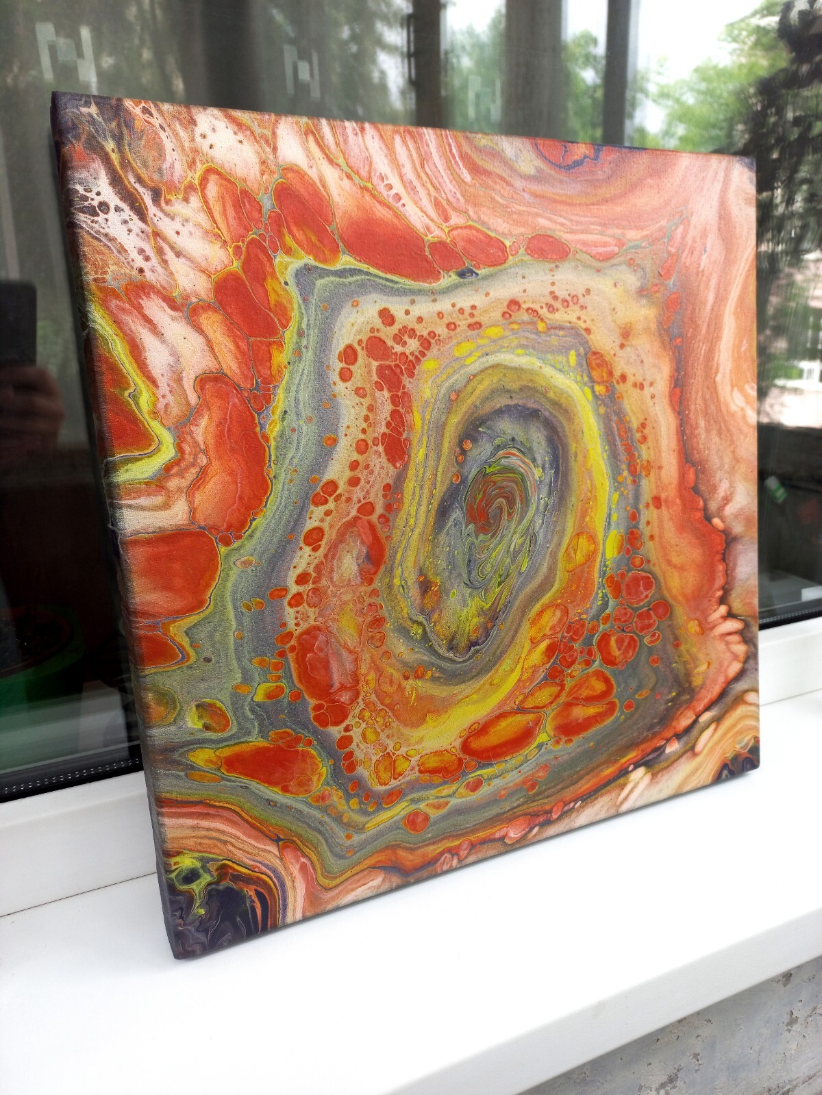Abstract Red Orange Yellow Fluid Art Acrylic Painting Modern Wall Decor, 16×16