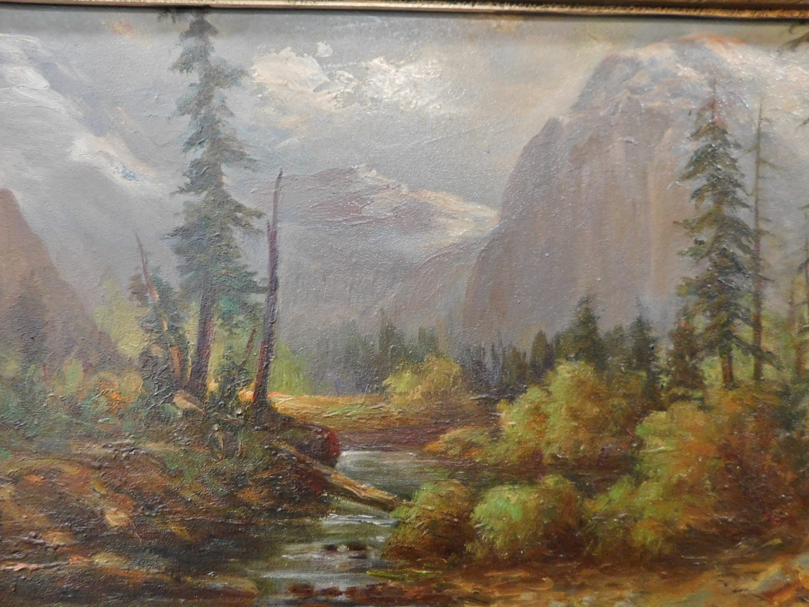 Antique 1914 PLEIN AIR MT. Landscape Oil Painting PIE CRUST FRAME 22 x 15 SIGNED
