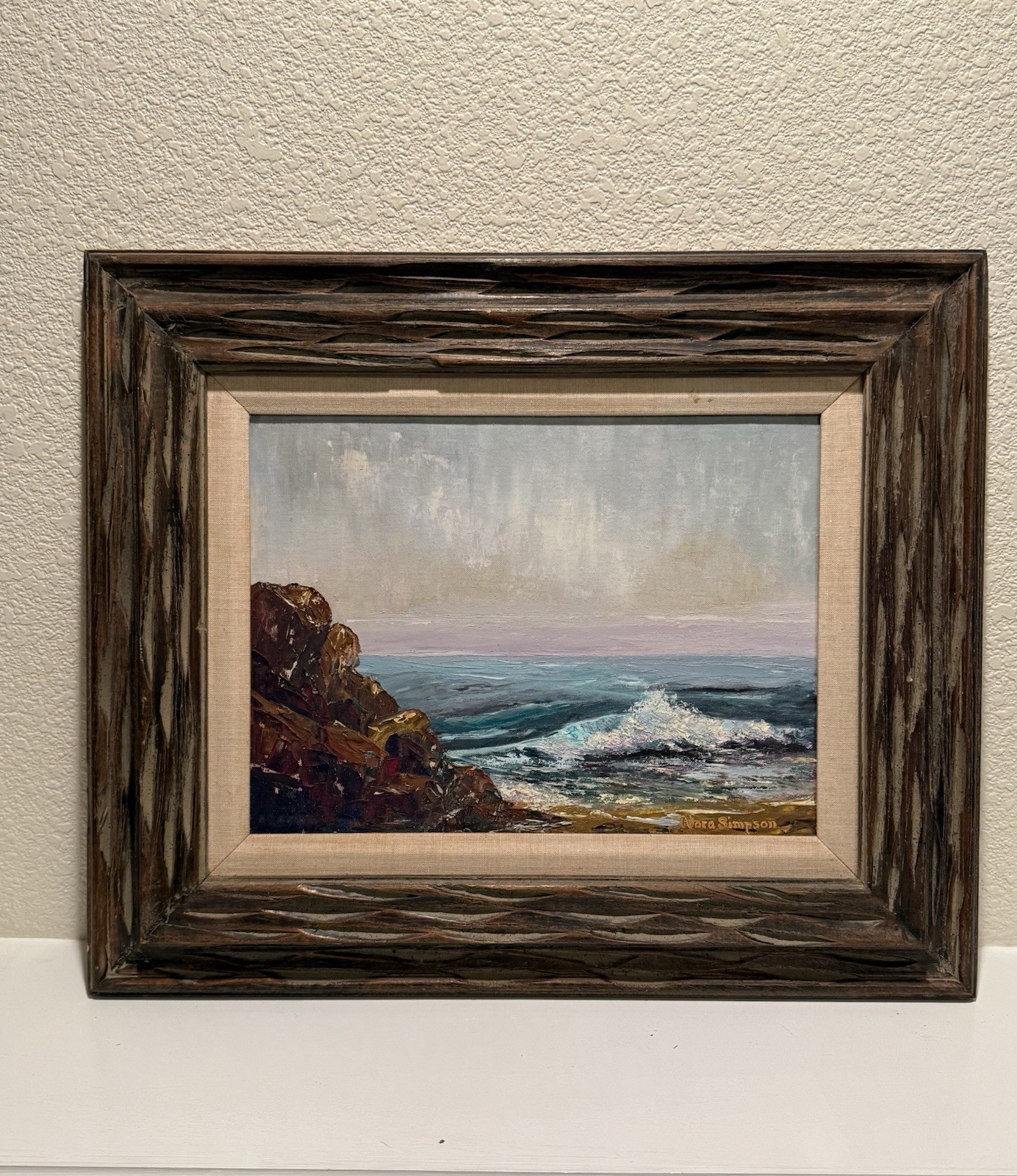 Nora Simpson Seascape Oil Painting MCM Rustic Wood Frame Linen Liner 24×20